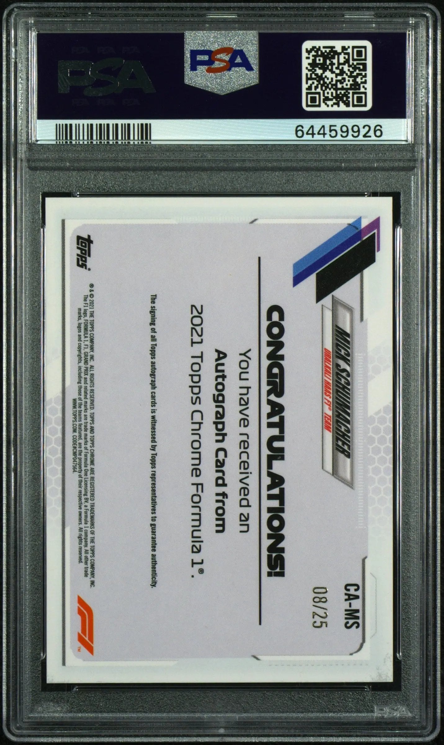 2021 Topps Chrome Formula 1 RC Auto Mick Schumacher Orange Refractor PSA 10 /25 