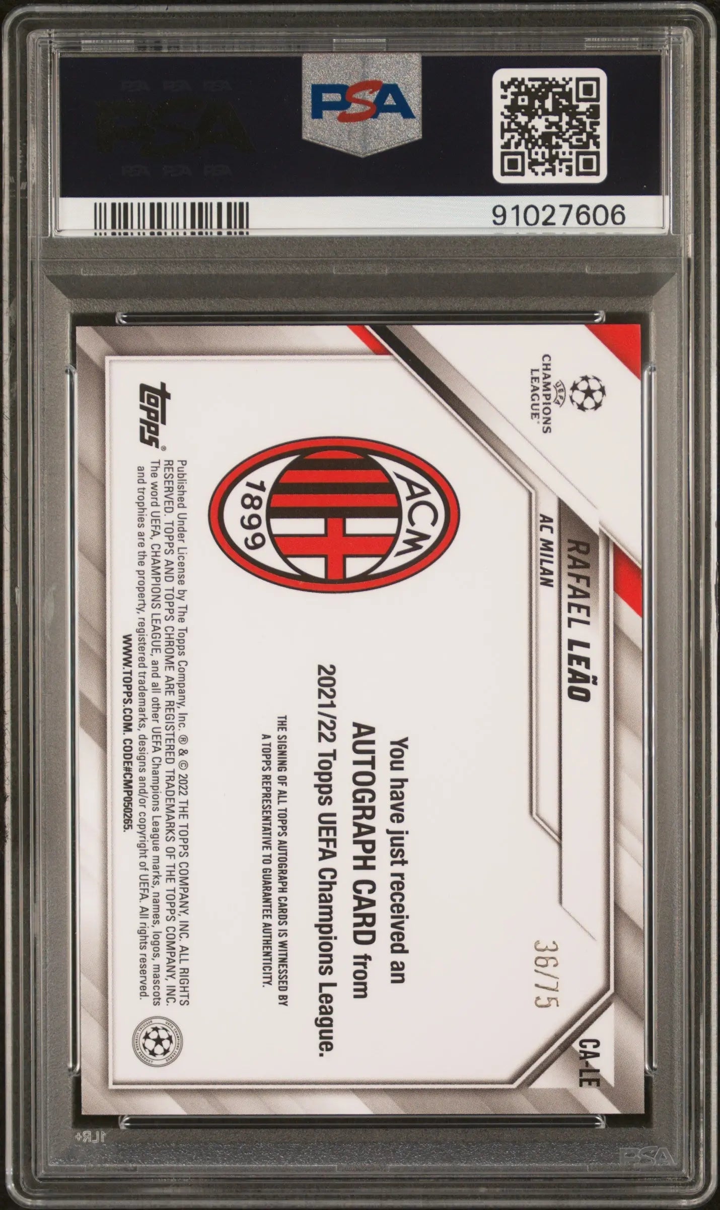 2021 Topps Chrome UEFA CL Autographs Rafael Leao Auto Blue Wave Refr. /75 PSA 10 
