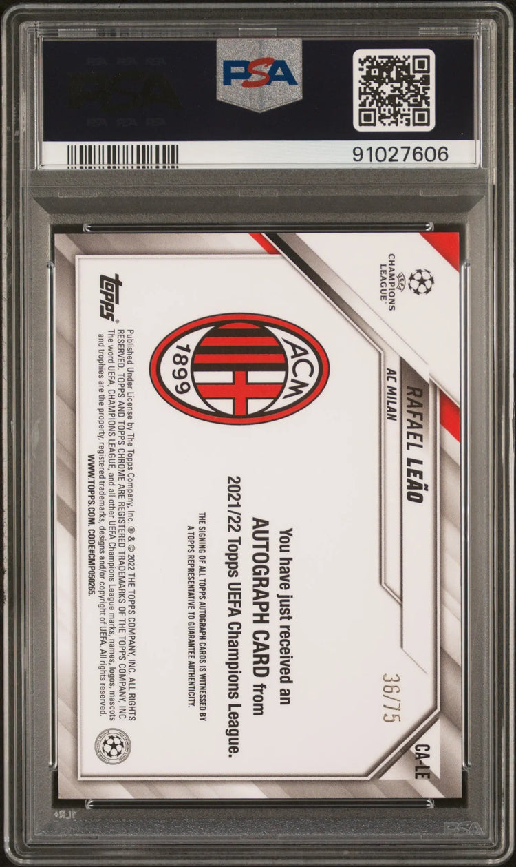 2021 Topps Chrome UEFA CL Autographs Rafael Leao Auto Blue Wave Refr. /75 PSA 10 