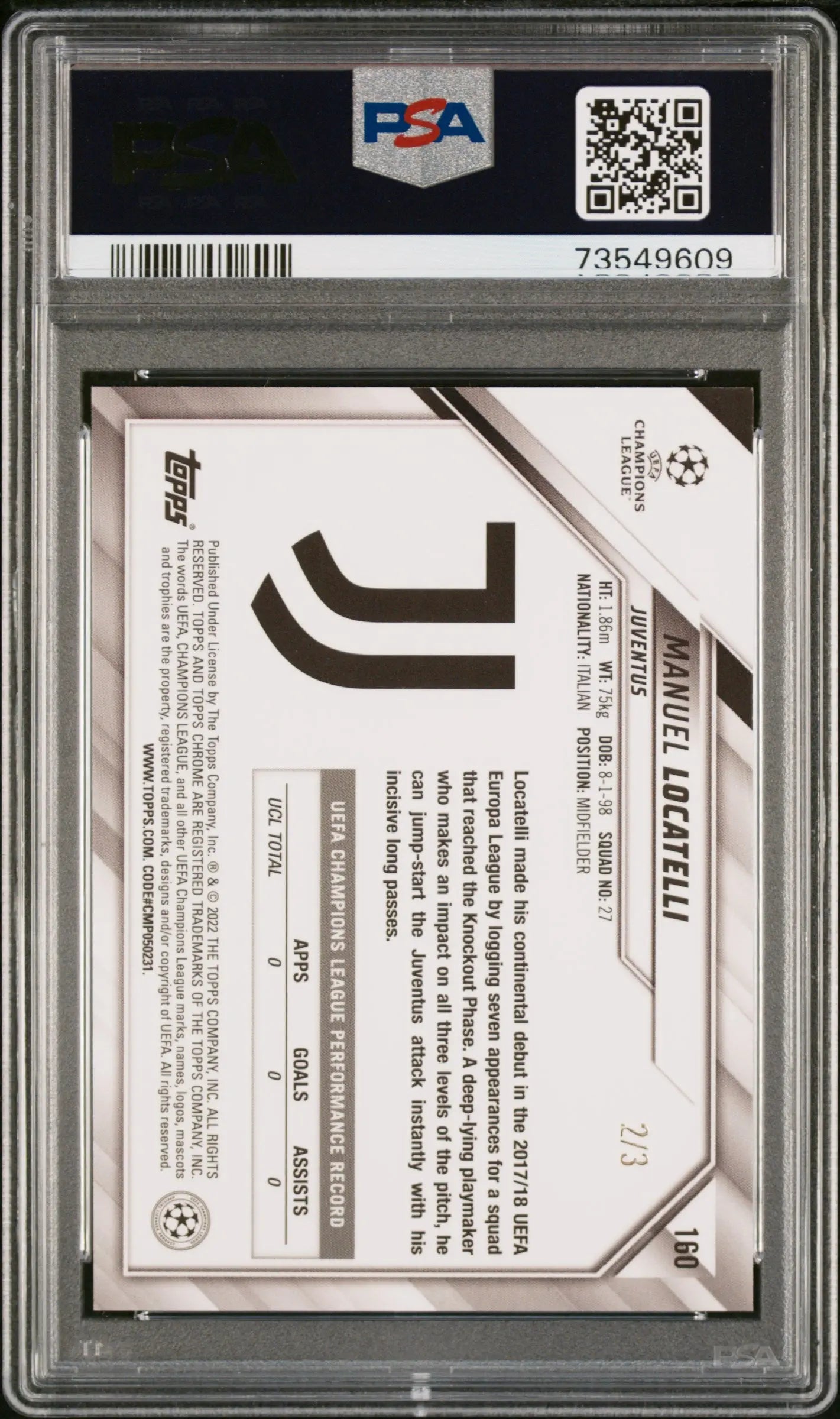 2021 Topps Chrome UEFA Champions League  Manuel Locatelli Purple X-Fractor PSA 8 