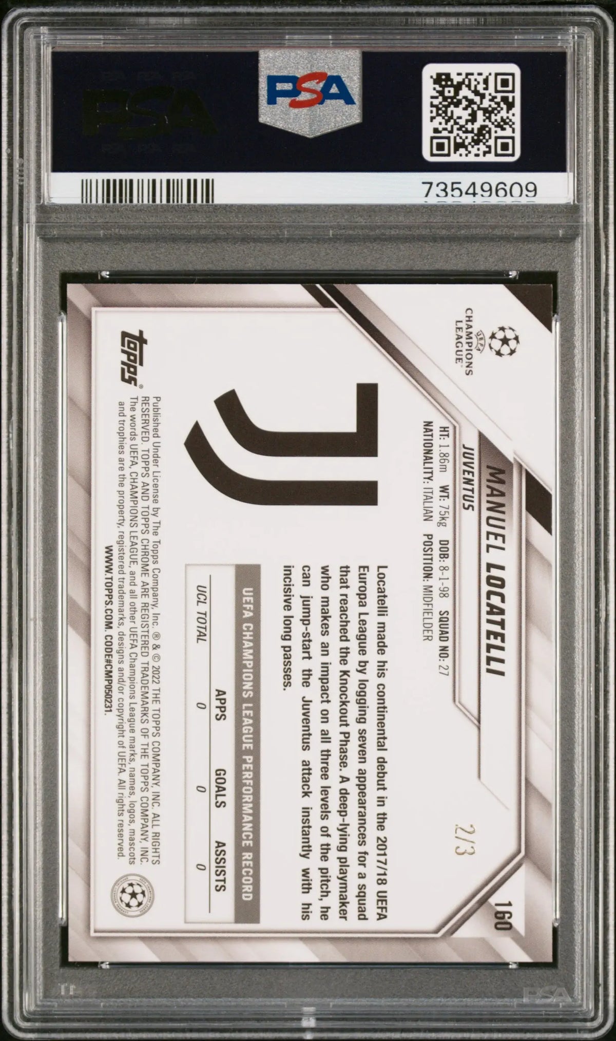 2021 Topps Chrome UEFA Champions League  Manuel Locatelli Purple X-Fractor PSA 8 