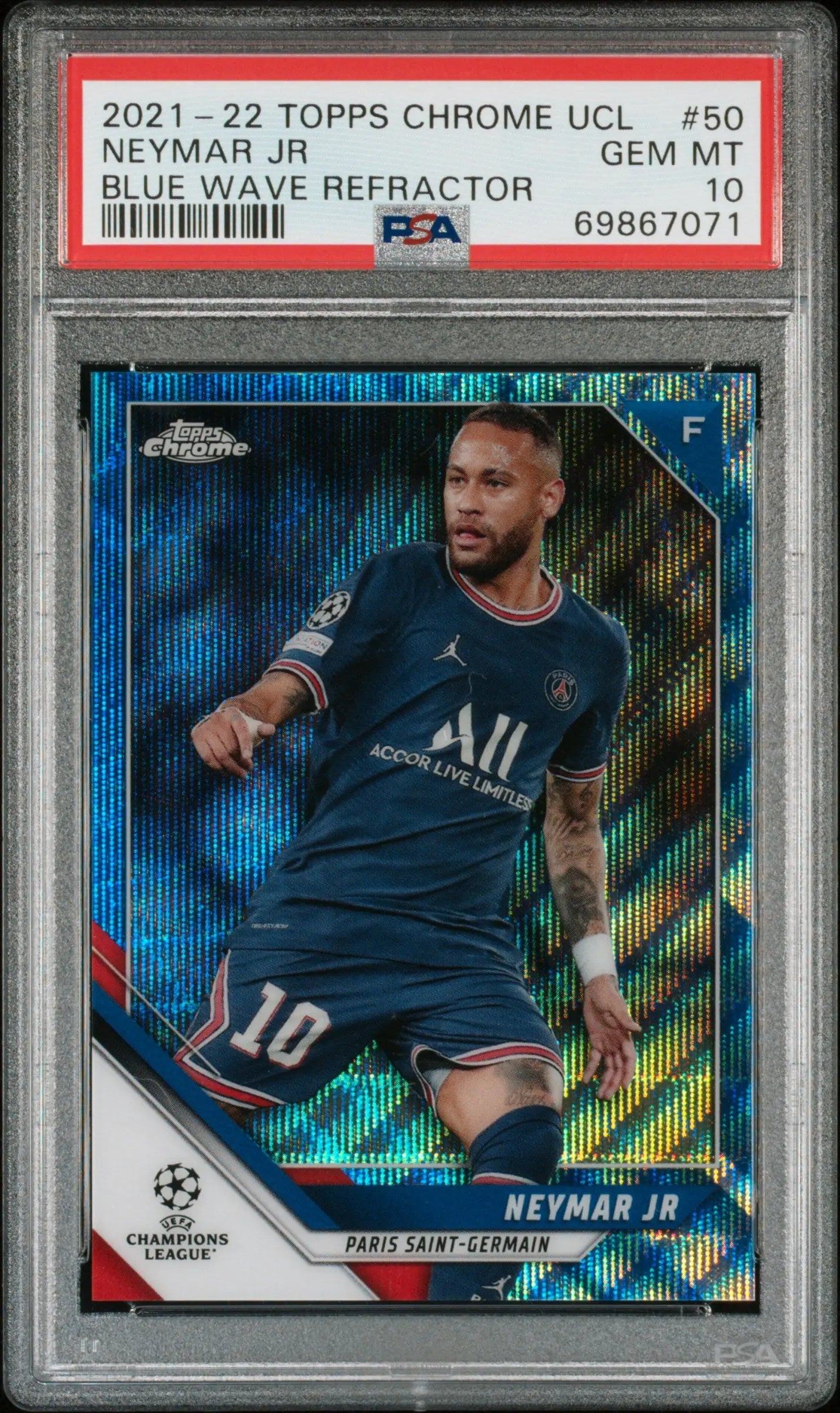 2021 Topps Chrome UEFA Champions League Neymar JR Blue Wave Refractor /75 PSA 10 