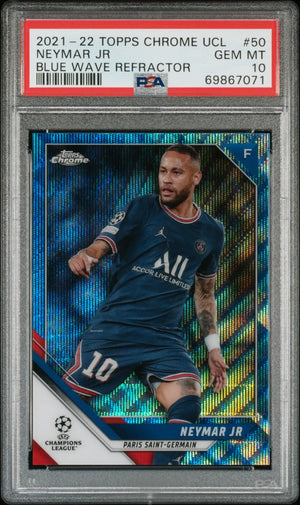 2021 Topps Chrome UEFA Champions League Neymar JR Blue Wave Refractor /75 PSA 10 