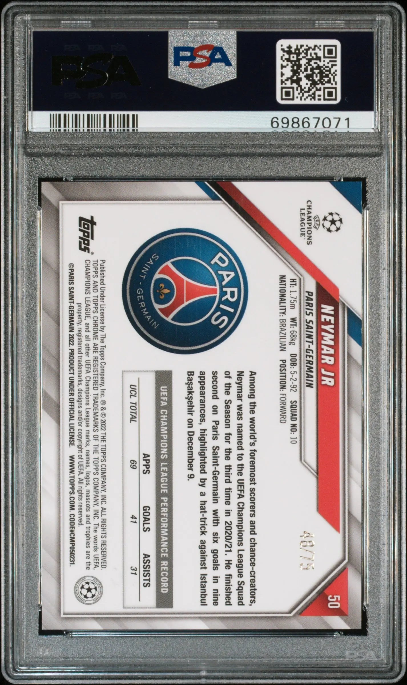 2021 Topps Chrome UEFA Champions League Neymar JR Blue Wave Refractor /75 PSA 10 
