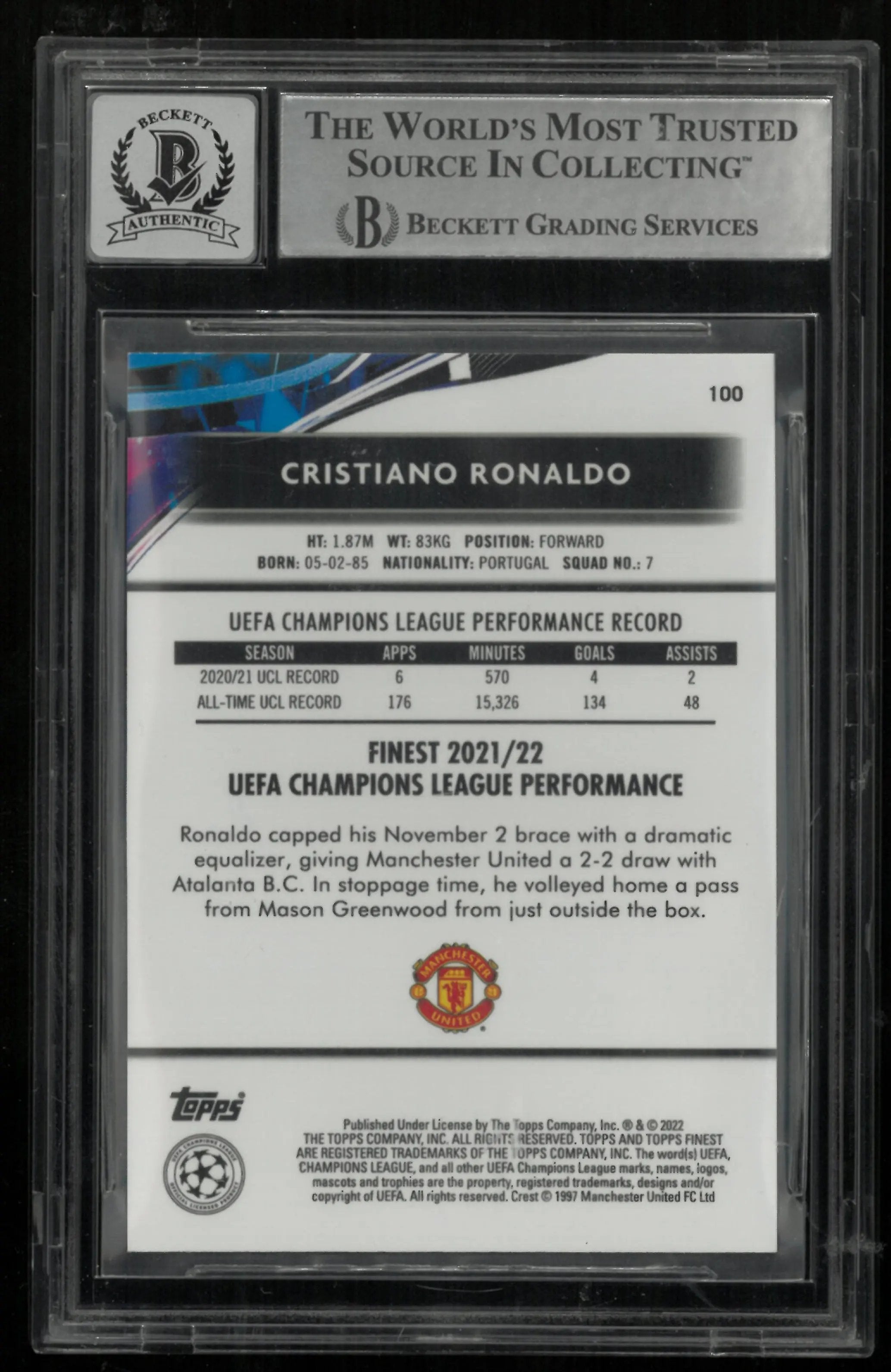 2021 Topps Finest UEFA CL Cristiano Ronaldo In Person Auto BGS Authentic 