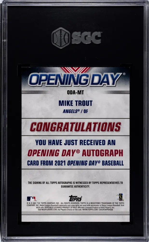 2021 Topps Opening Day Baseball Auto Mike Trout SGC 9 Auto 10 