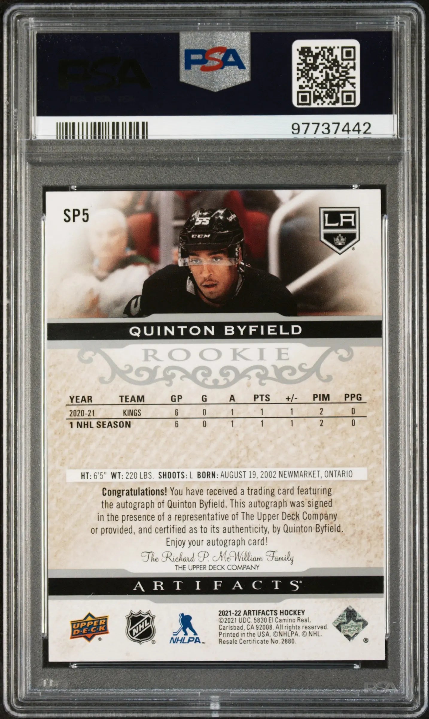 2021 UD Artifacts Horizontal Rookies Quinton Byfield RC Auto Autograph /25 PSA 9 