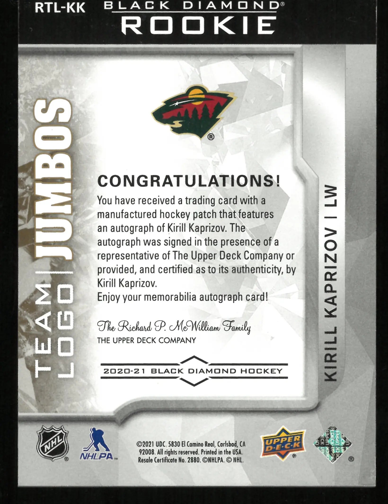 2021 UD Black Diamond Team Logo Jumbos Kirill Kaprizov Autograph Rookie RC /99 