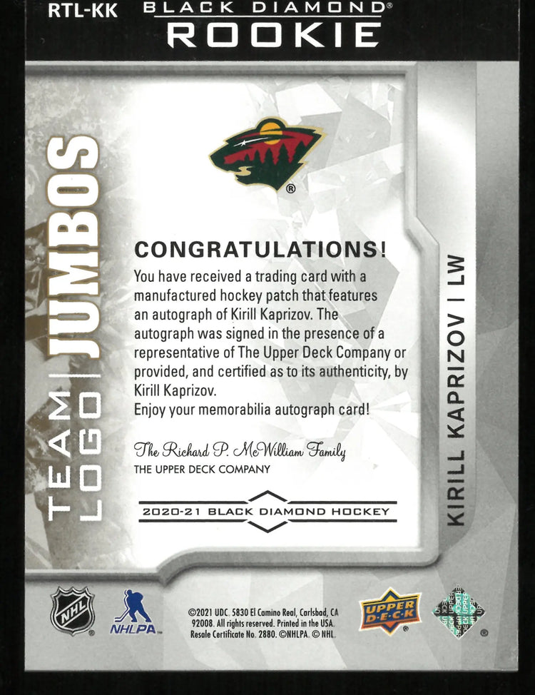 2021 UD Black Diamond Team Logo Jumbos Kirill Kaprizov Autograph Rookie RC /99 