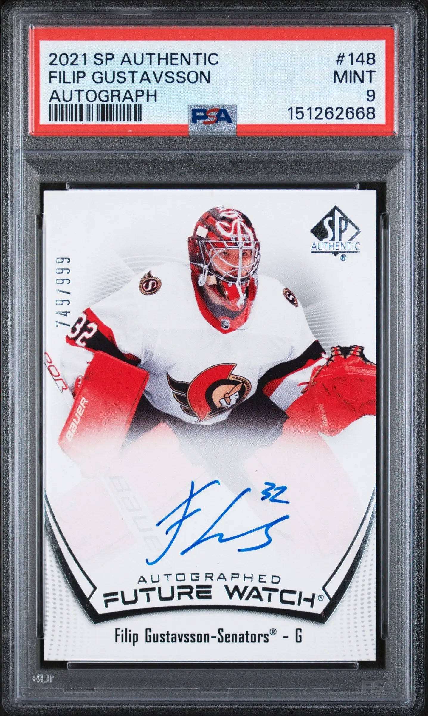 2021 UD SP Authentic Future Watch Autograph Filip Gustavsson Auto /999 PSA 9 