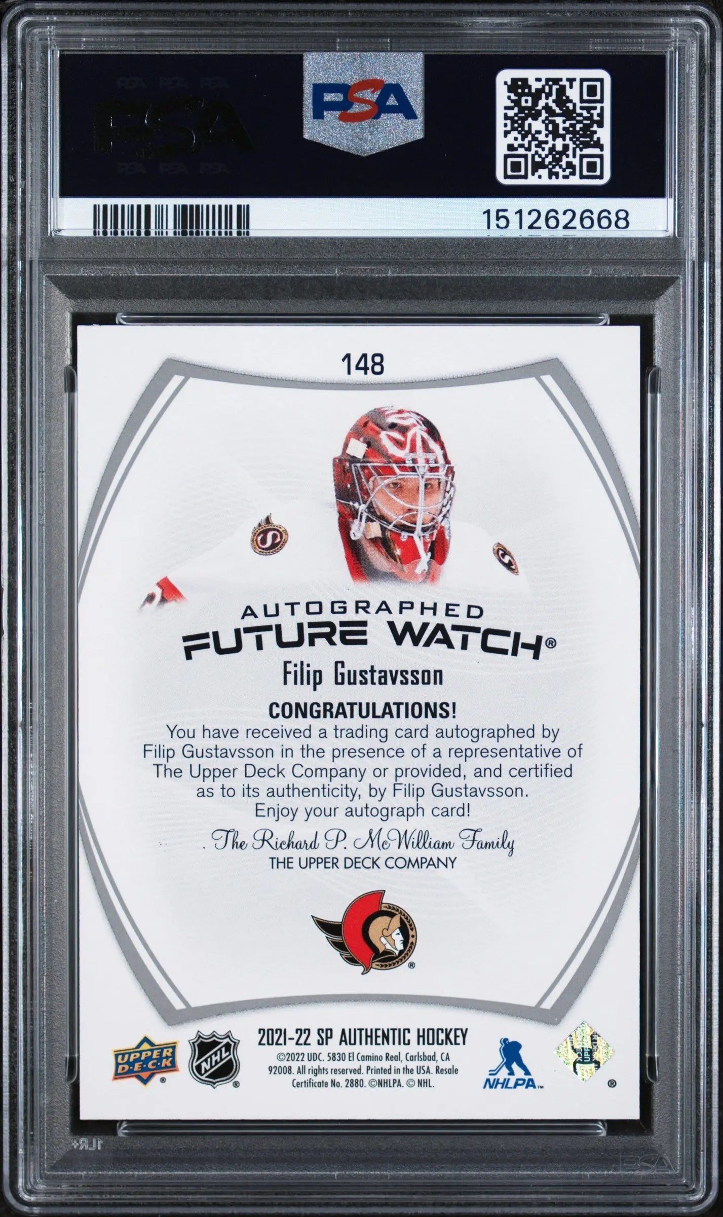 2021 UD SP Authentic Future Watch Autograph Filip Gustavsson Auto /999 PSA 9 