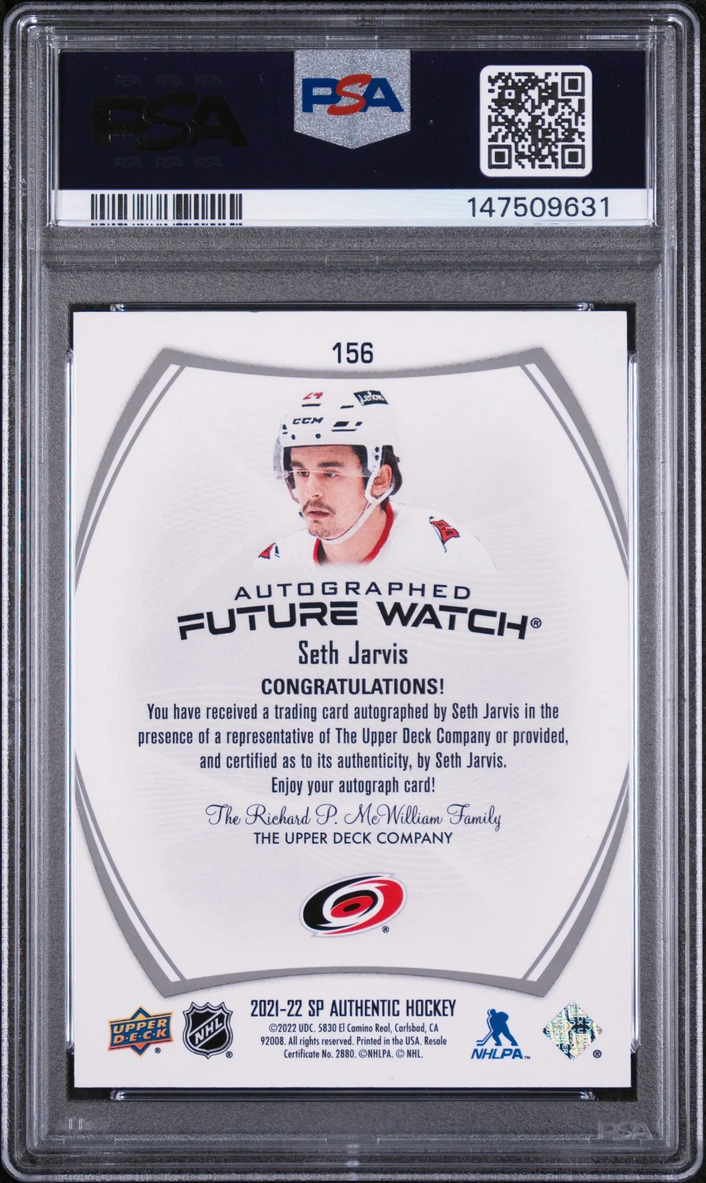 2021 UD SP Authentic Seth Jarvis Future Watch Auto RC Rookie /999 PSA 8 
