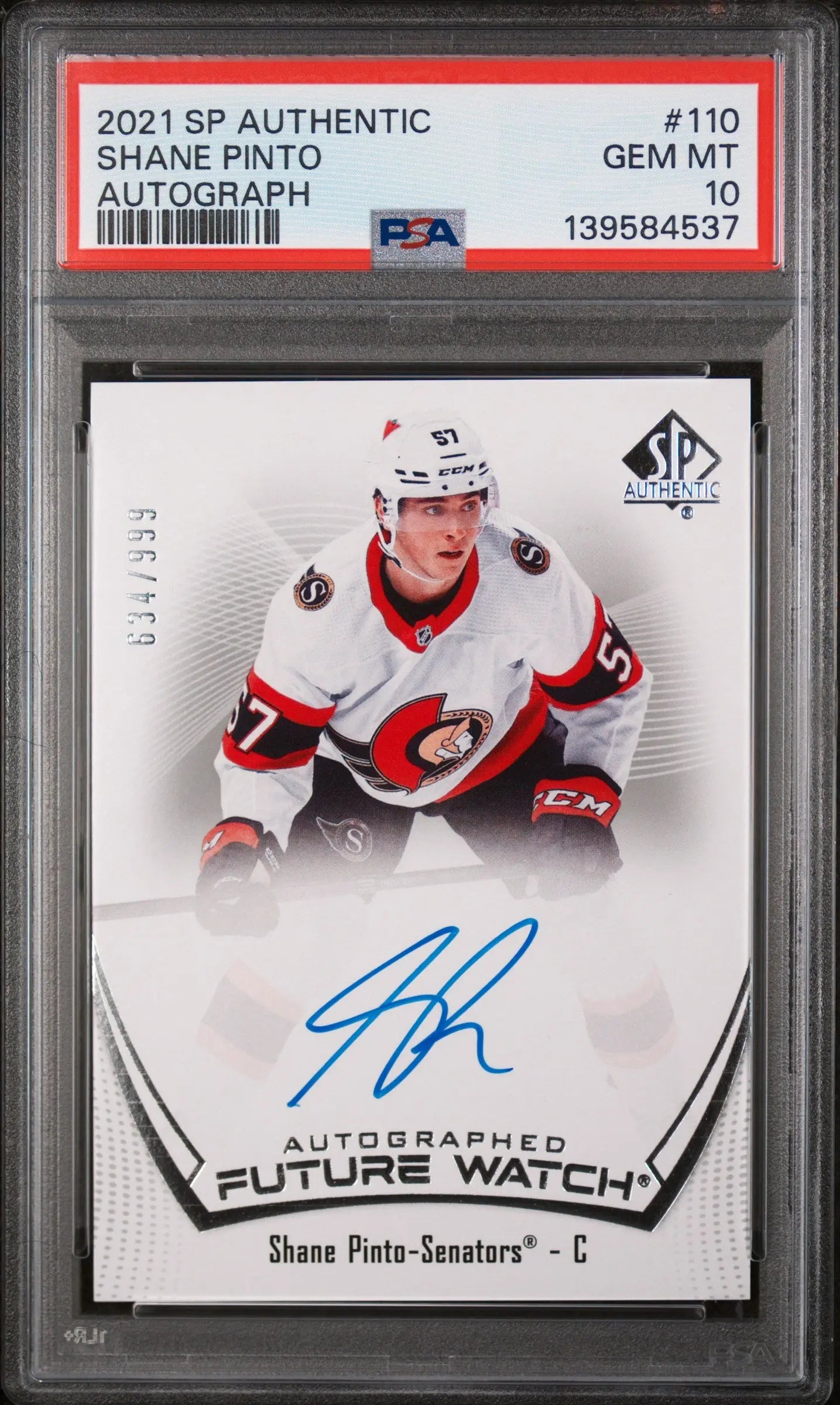 2021 UD SP Authentic Shane Pinto Future Watch Auto RC Rookie /999 PSA 10 