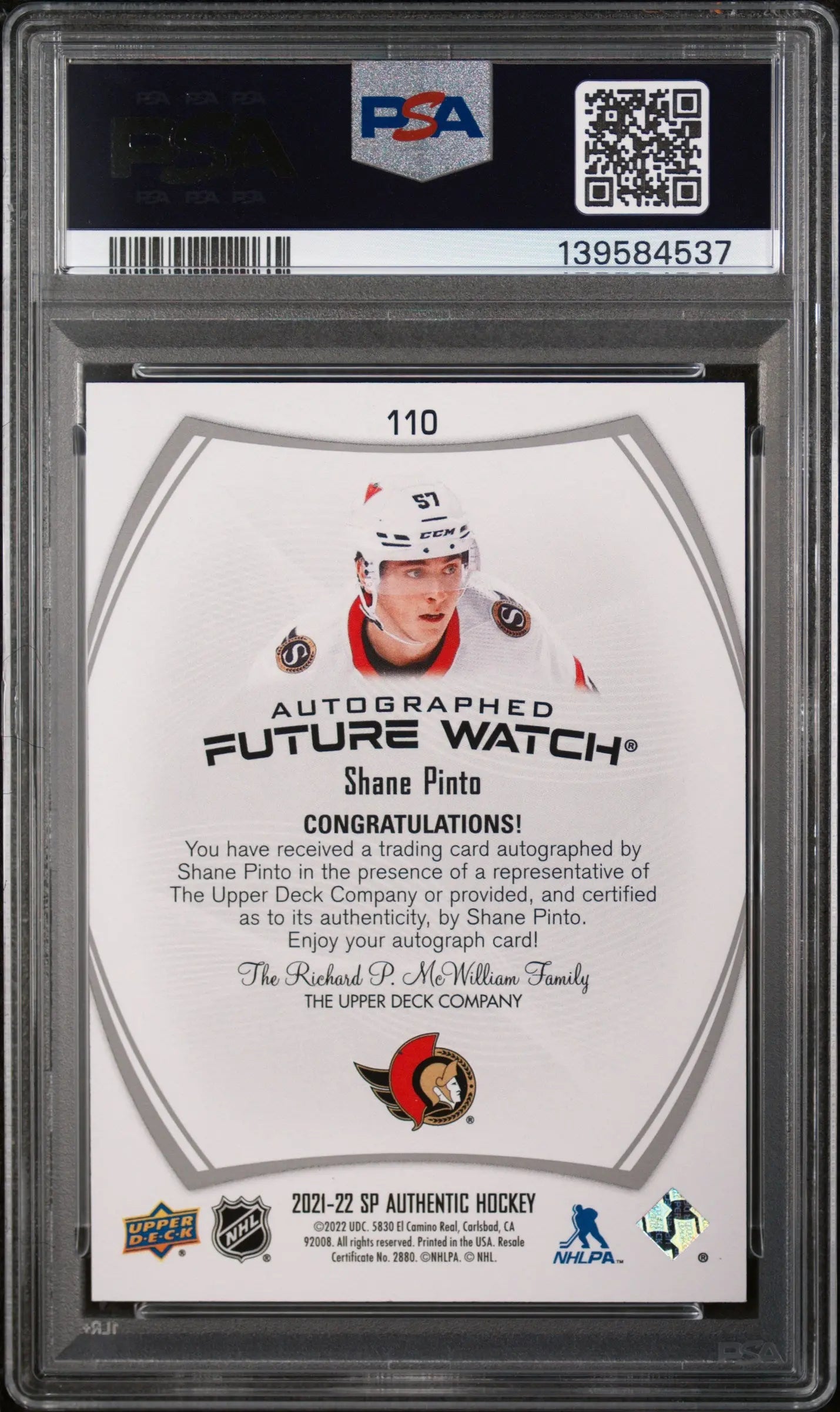 2021 UD SP Authentic Shane Pinto Future Watch Auto RC Rookie /999 PSA 10 