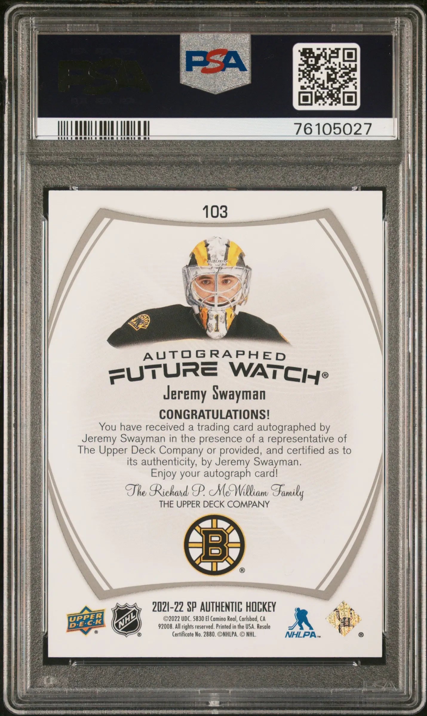 2021 UD Sp Authentic Future Watch Autograph Jeremy Swayman  /999 PSA 10 