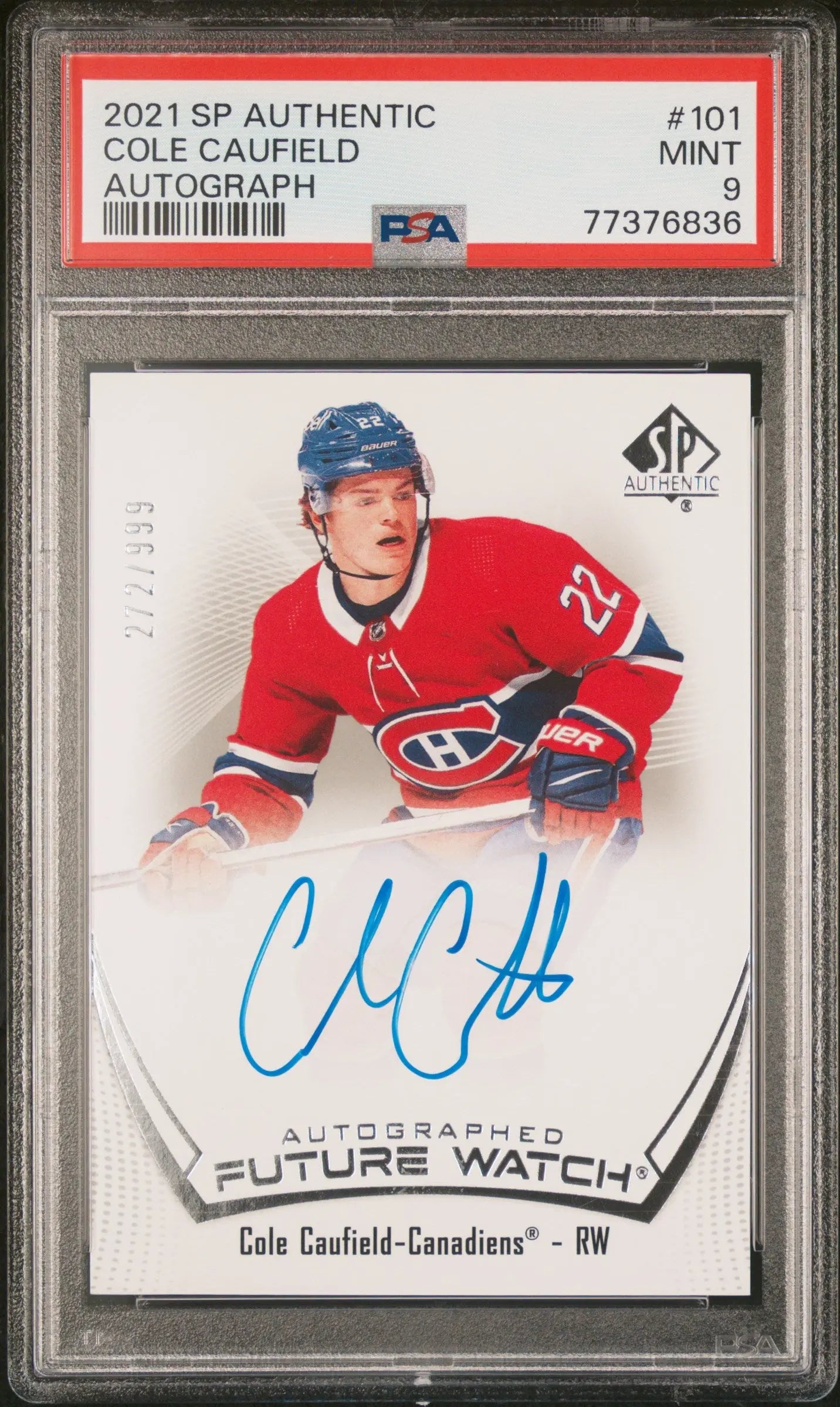 2021 UP SP Authentic Future Watch Autograph Rookie Cole Caufield Auto /999 PSA 9 