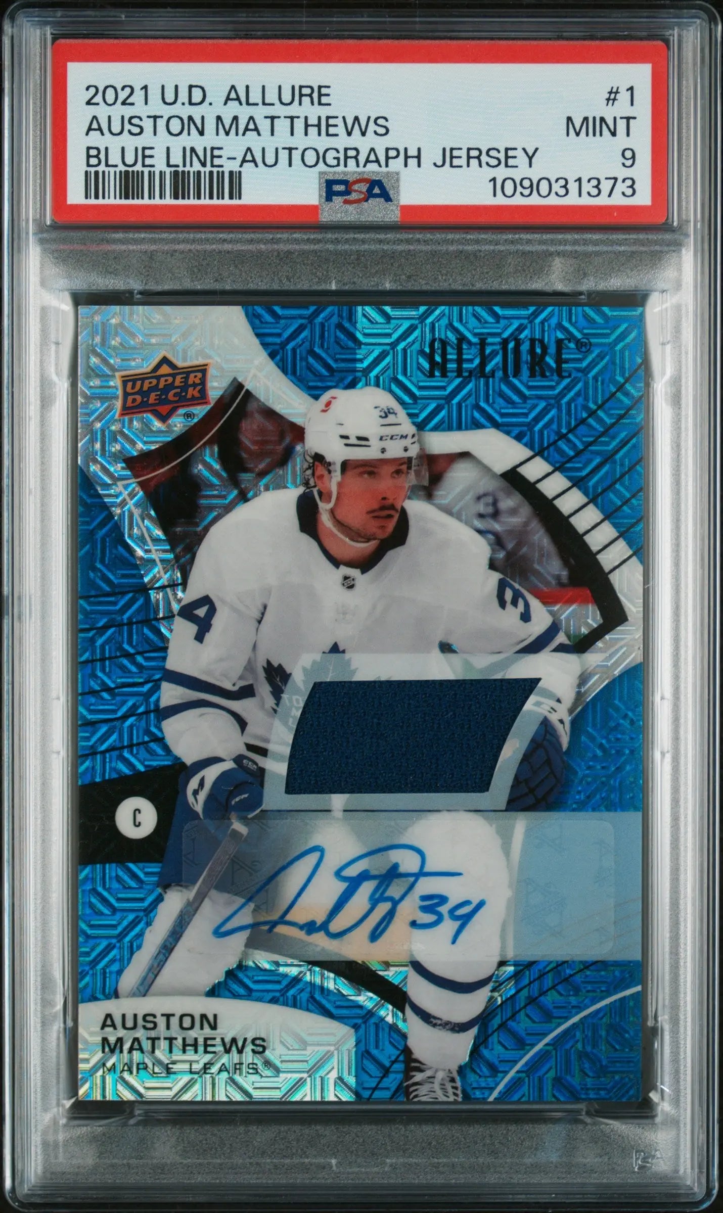 2021 Upper Deck Allure Autograph Patch Auston Matthews Auto Blue Line PSA 9 