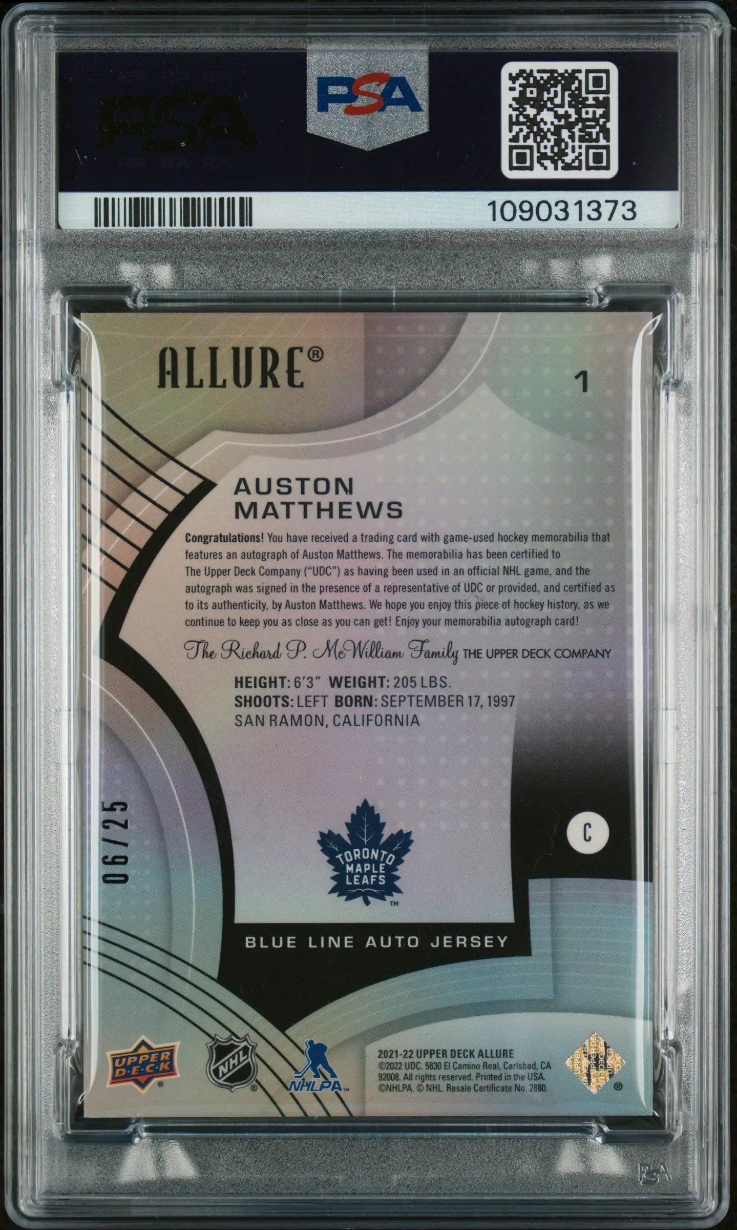 2021 Upper Deck Allure Autograph Patch Auston Matthews Auto Blue Line PSA 9 