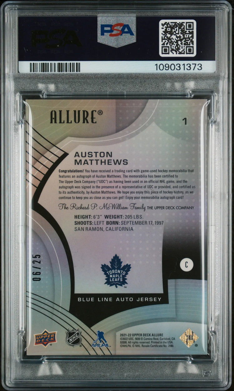 2021 Upper Deck Allure Autograph Patch Auston Matthews Auto Blue Line PSA 9 