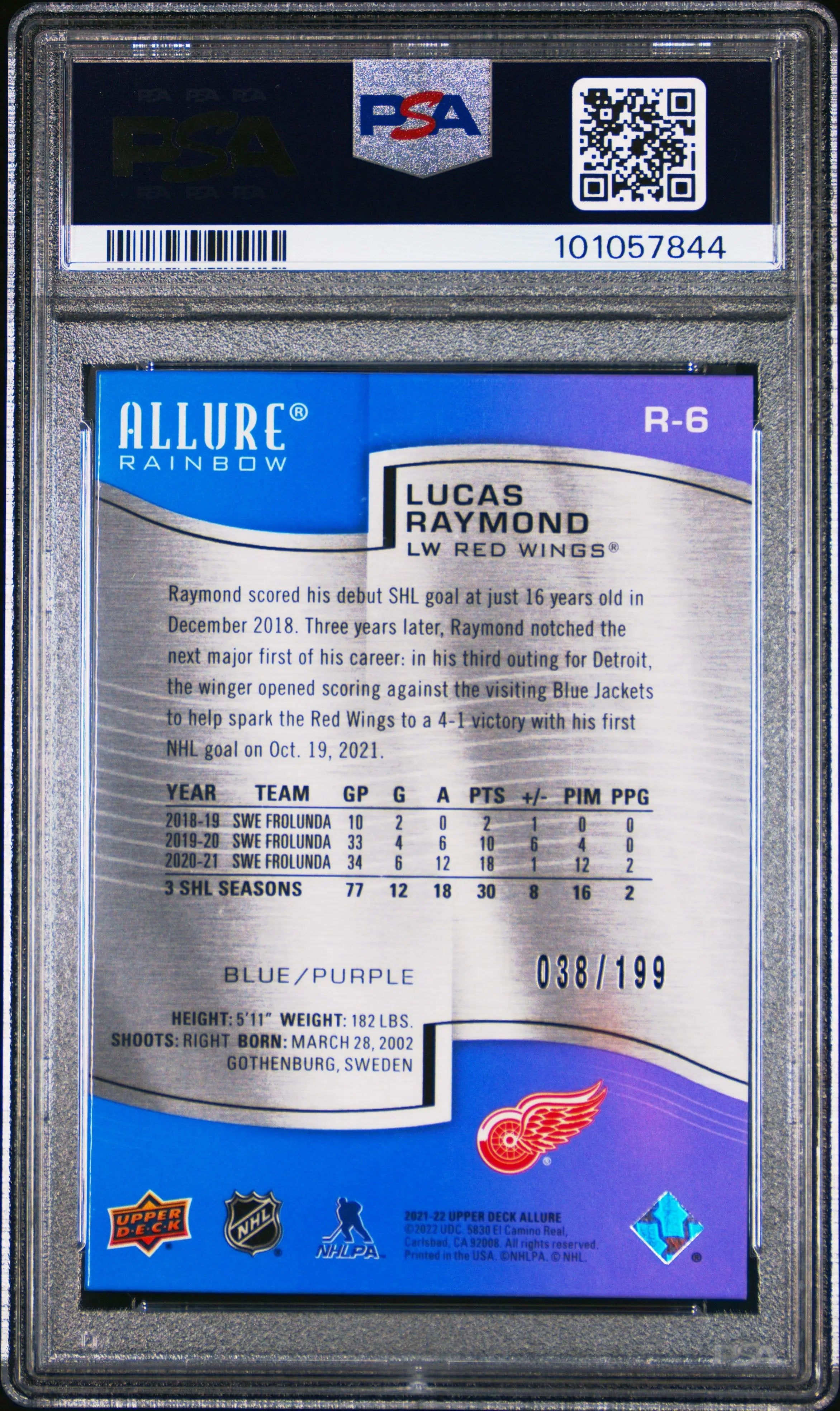 2021 Upper Deck Allure Rainbow Lucas Raymond RC Rookie Blue Purple PSA 10 /199 