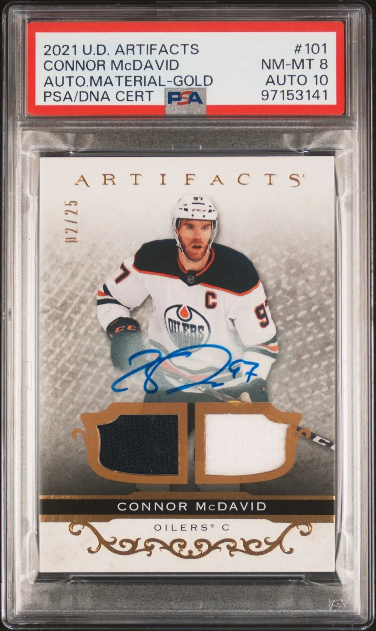 2021 Upper Deck Artifacts Autograph Patch Connor Mcdavid Gold /25 PSA 8 Auto 10 