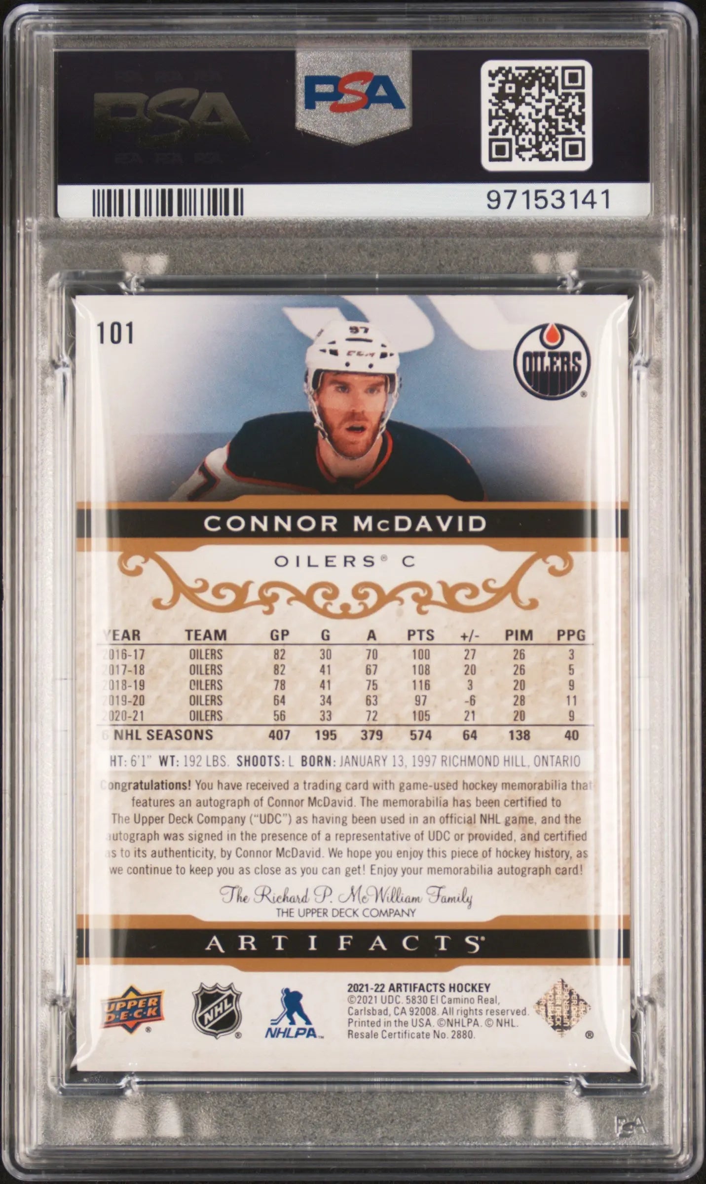 2021 Upper Deck Artifacts Autograph Patch Connor Mcdavid Gold /25 PSA 8 Auto 10 