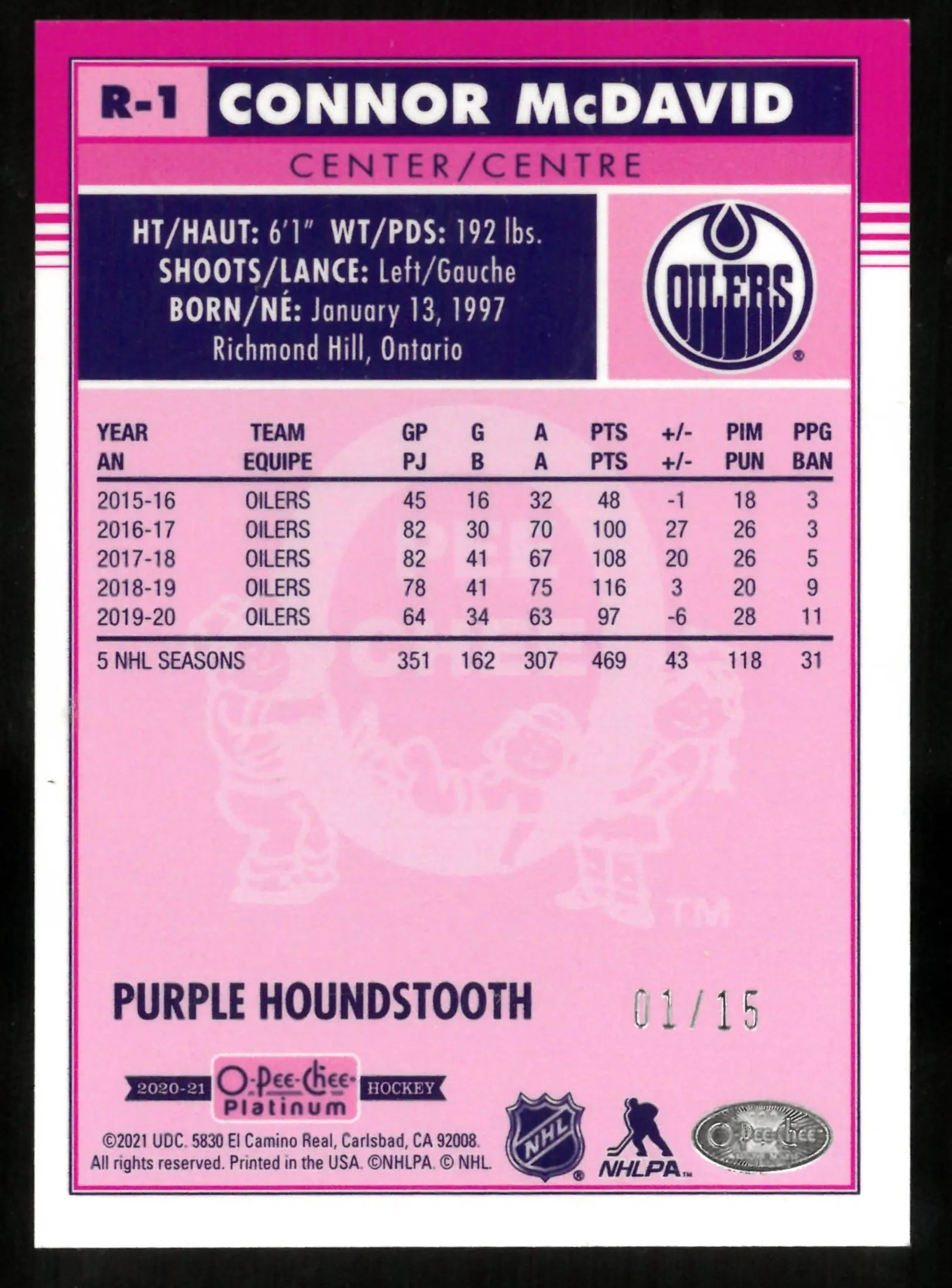 2021 Upper Deck O-Pee-Chee Platinum Connor McDavid /15 