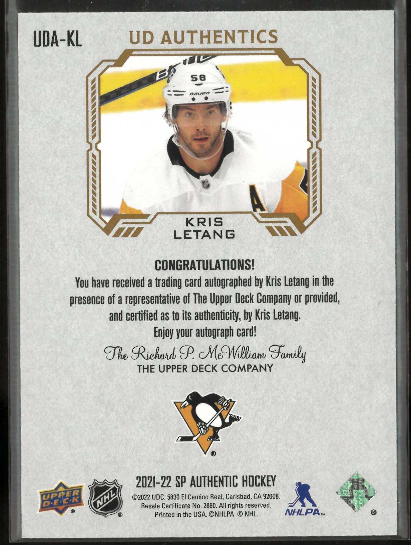 2021 Upper Deck SP Authentic UD Authentics Auto Kris Letang 