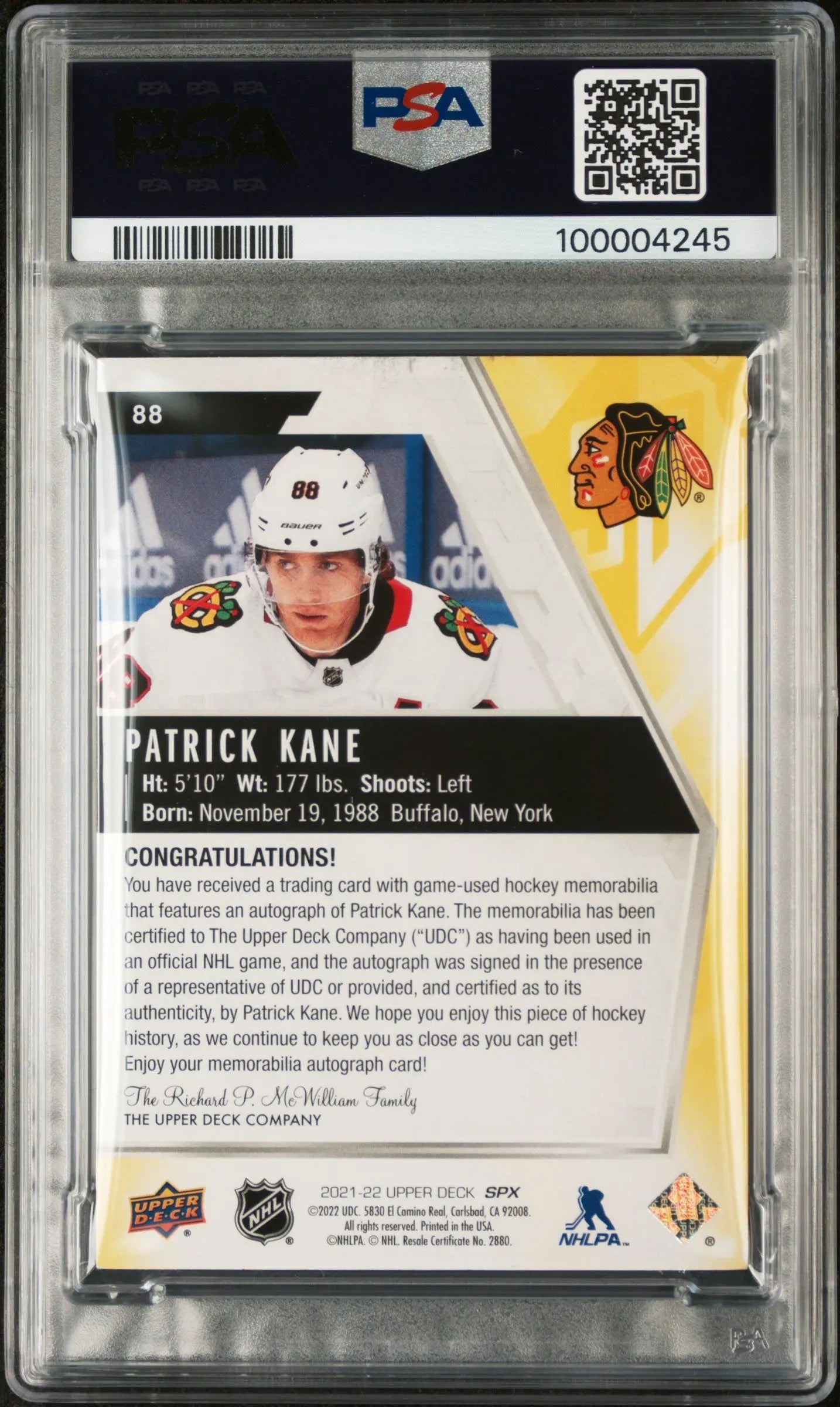 2021 Upper Deck SPX Patrick Kane Yellow Auto Autograph Patch PSA 10 5/5 
