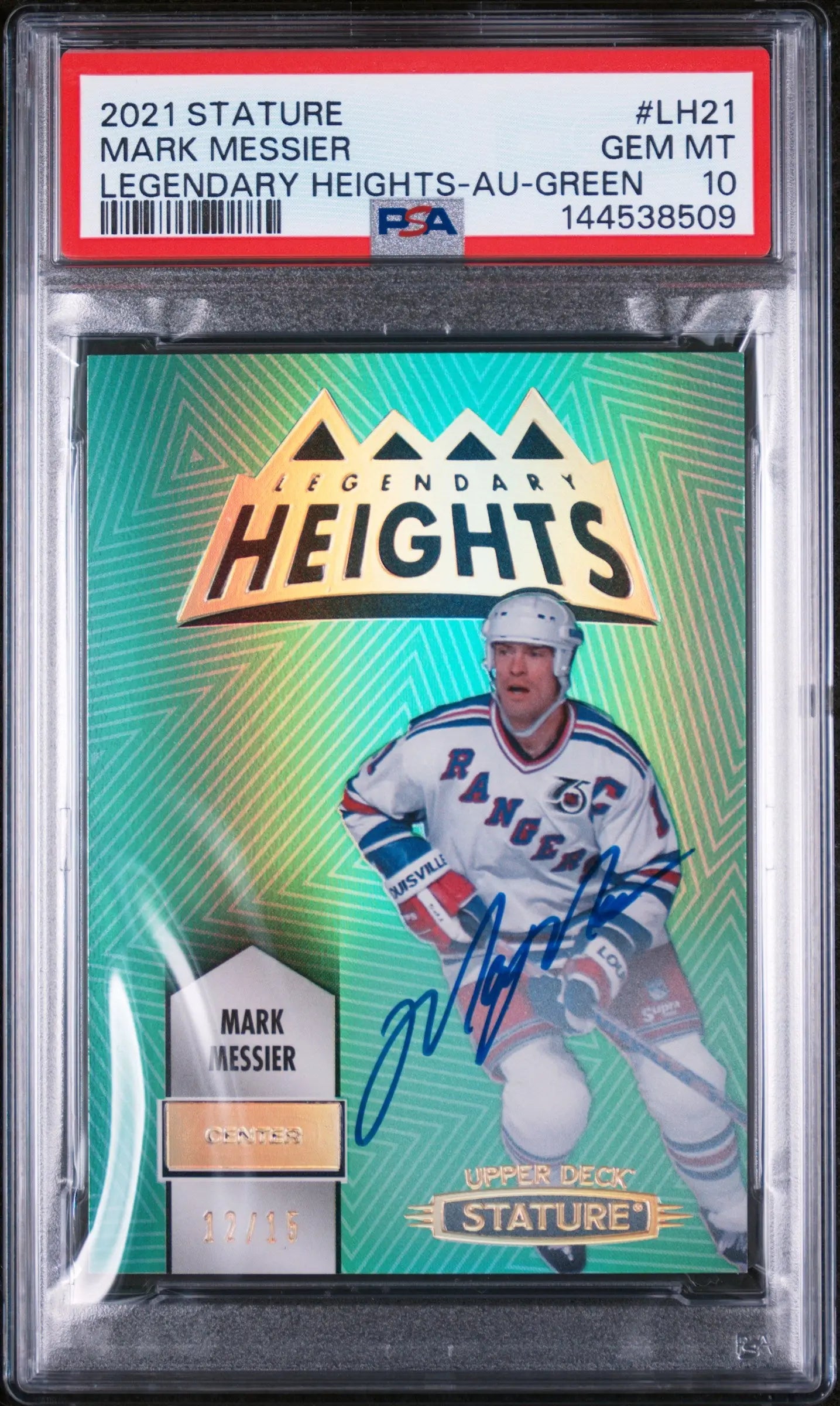 2021 Upper Deck Stature Legendary Heights Autograph Mark Messier Green/15 PSA 10 