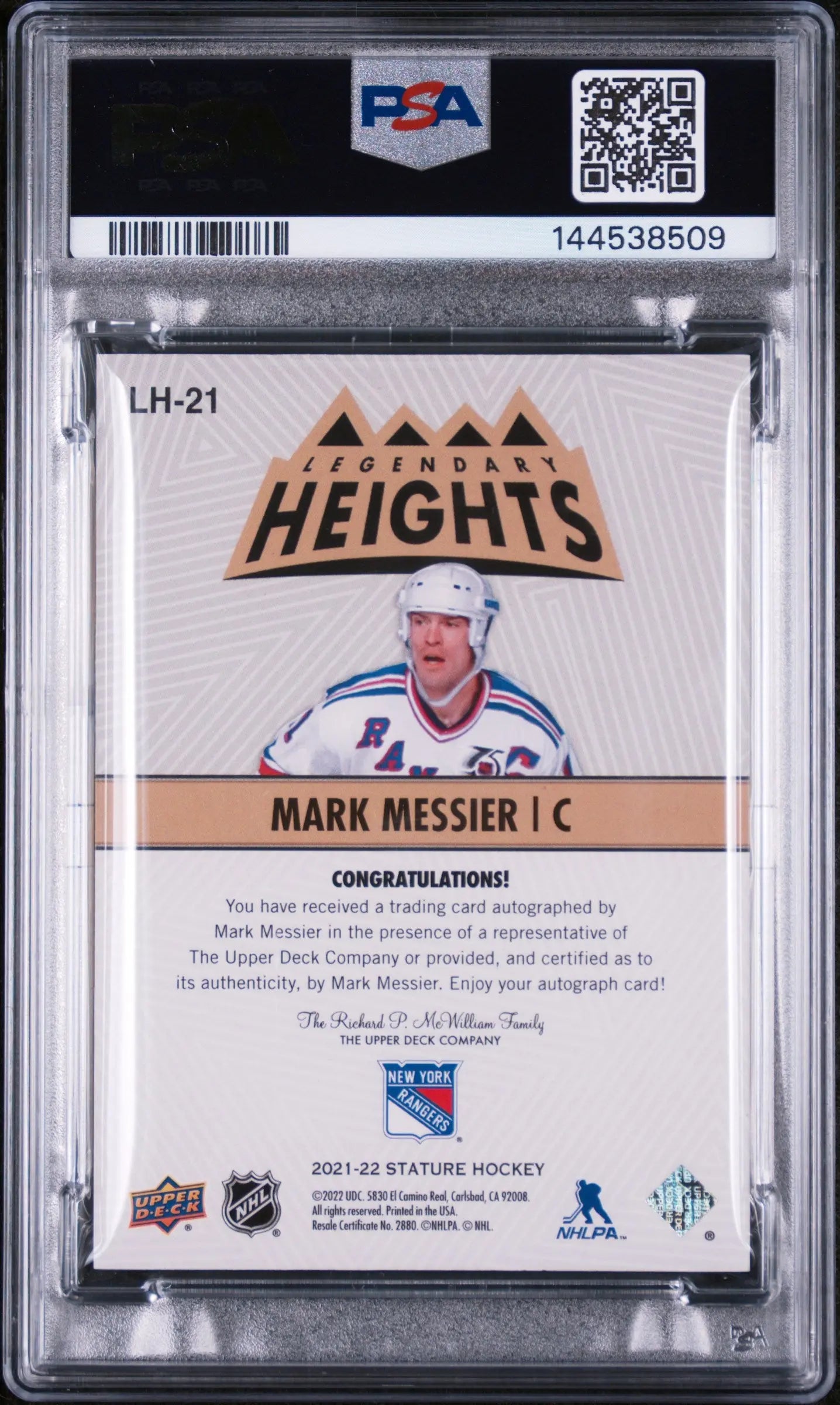 2021 Upper Deck Stature Legendary Heights Autograph Mark Messier Green/15 PSA 10 