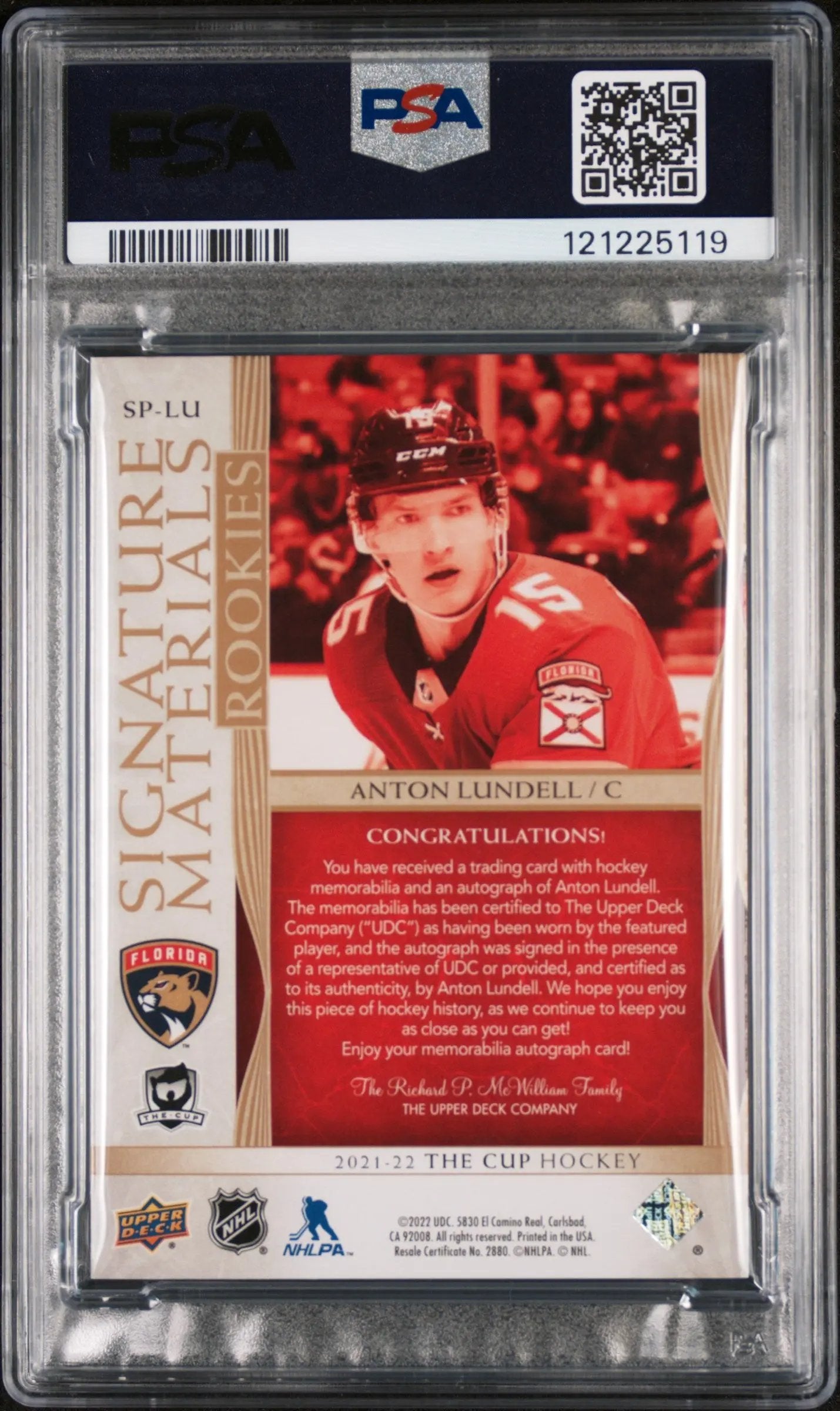 2021 Upper Deck The Cup Signature Materials Patch Auto Anton Lundell /99 PSA 9 