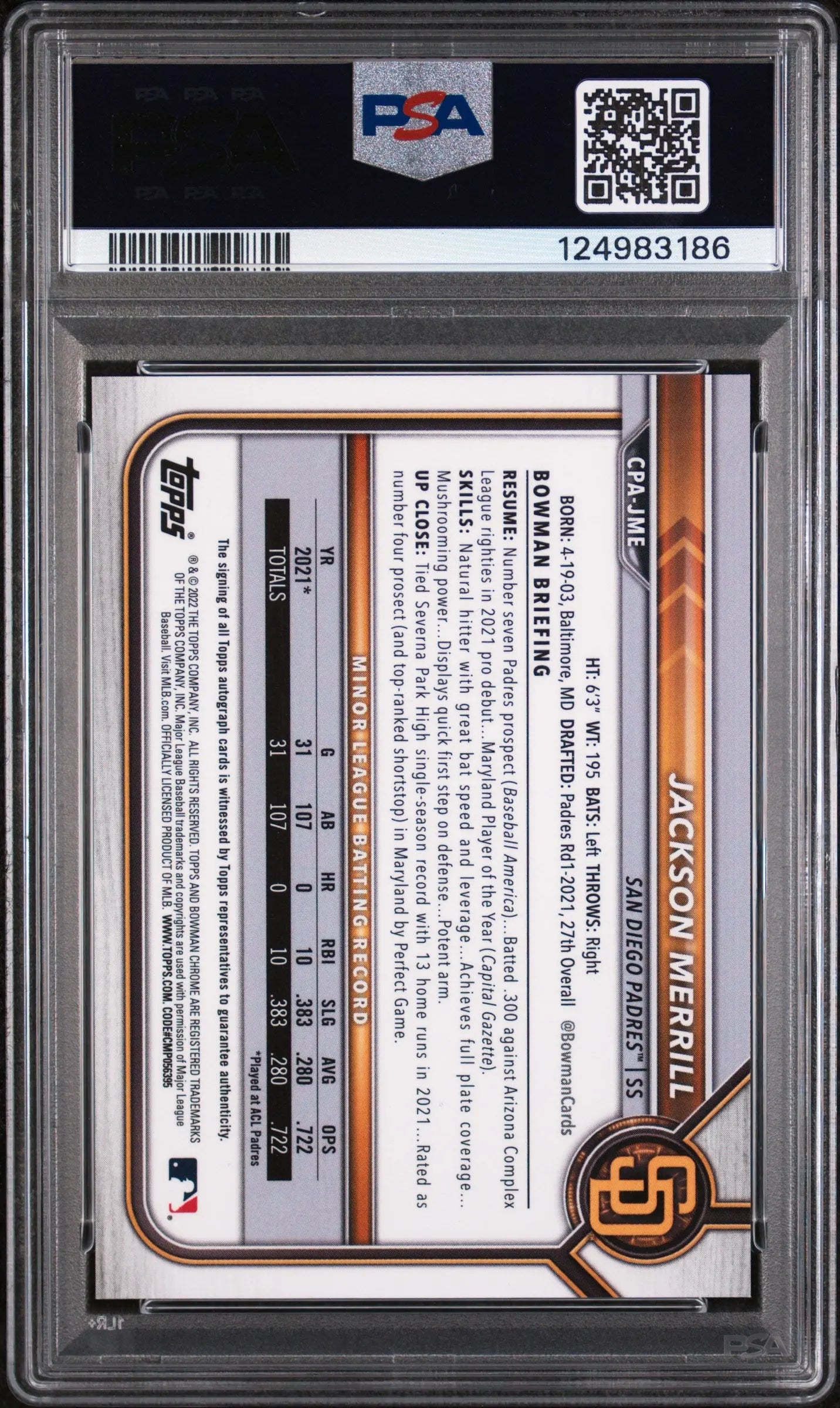 2022 1st Bowman Chrome Prospect Autograph Auto Jackson Merrill RC PSA 10 