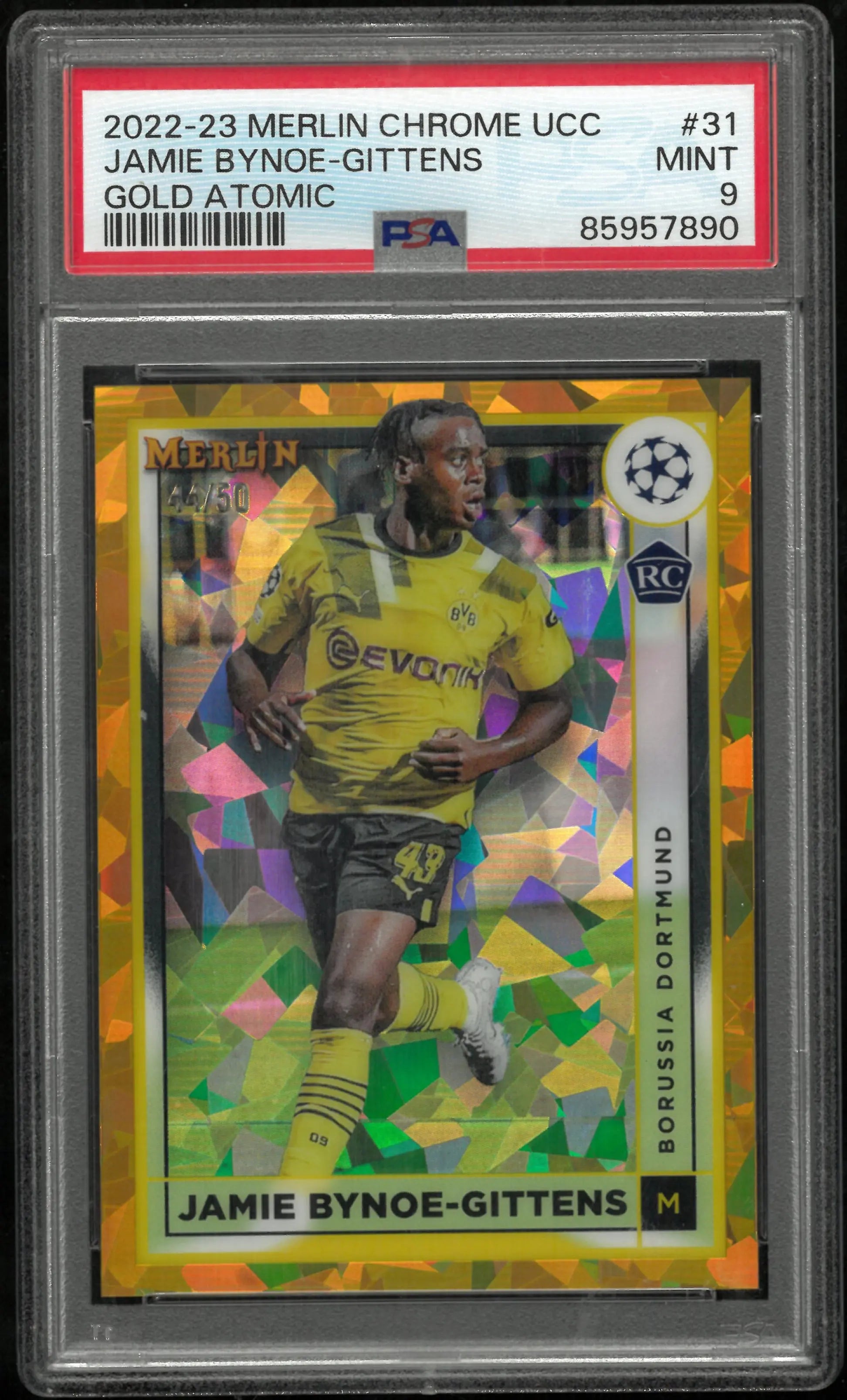 2022-23 Merlin Chrome UCC Jamie Bynoe-Gittens RC Gold Atomic Refractor PSA 9 /50 