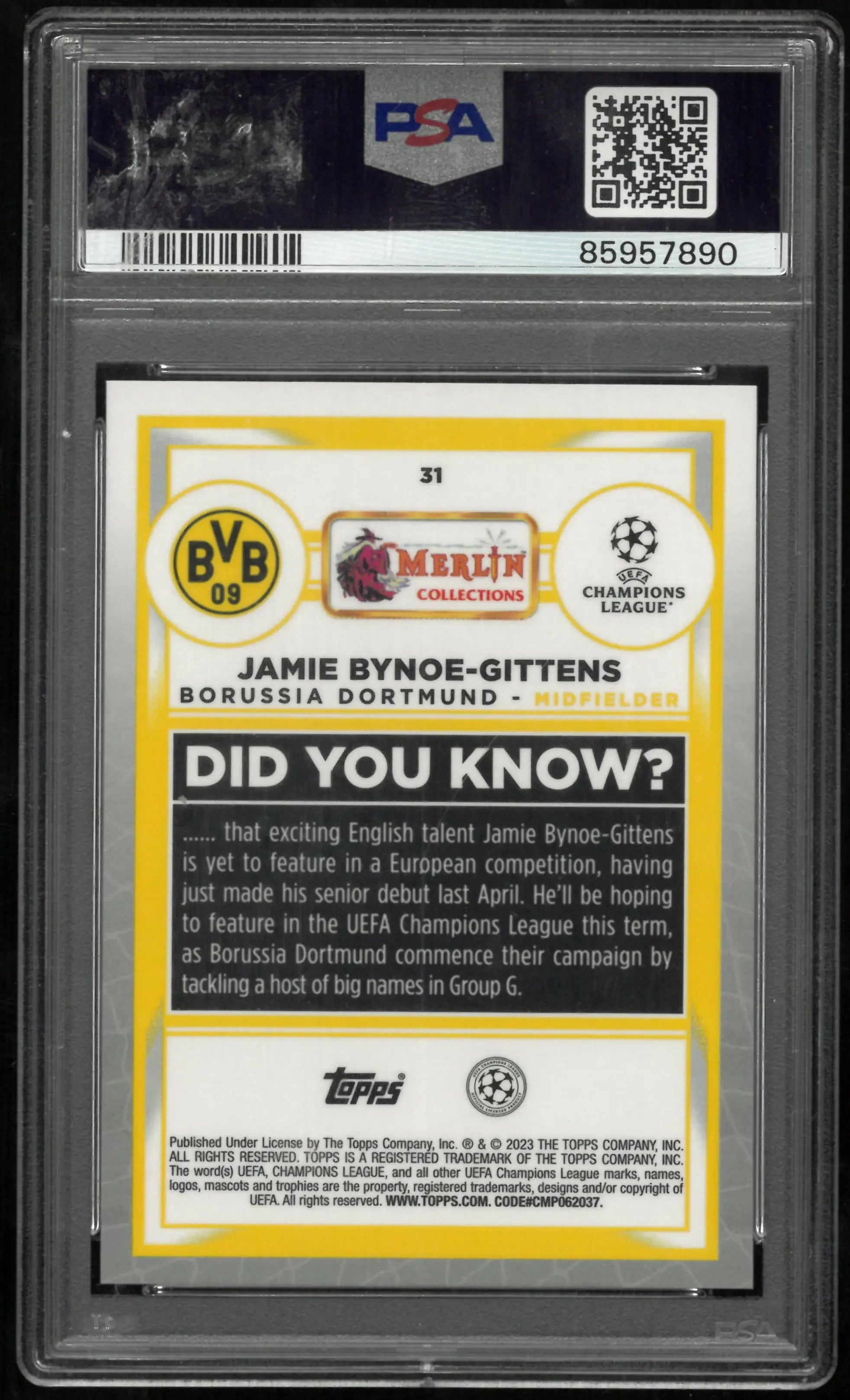 2022-23 Merlin Chrome UCC Jamie Bynoe-Gittens RC Gold Atomic Refractor PSA 9 /50 