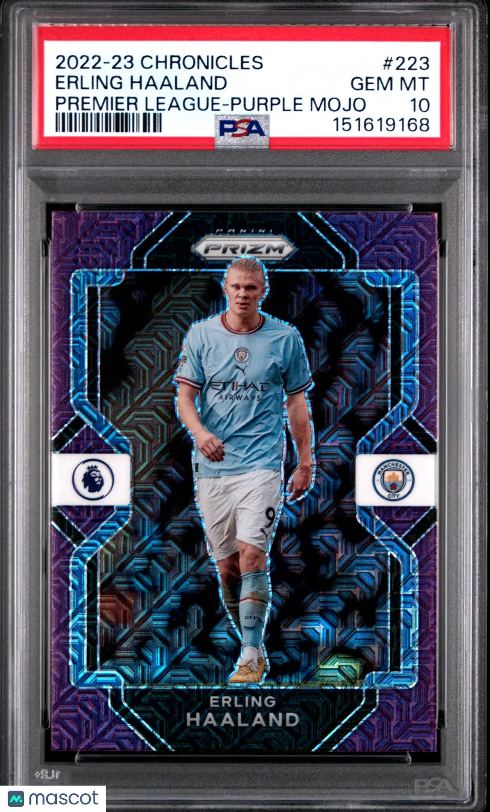2022-23 Panini Chronicles Erling Haaland #223 Premier League Purple Mojo PSA 10 