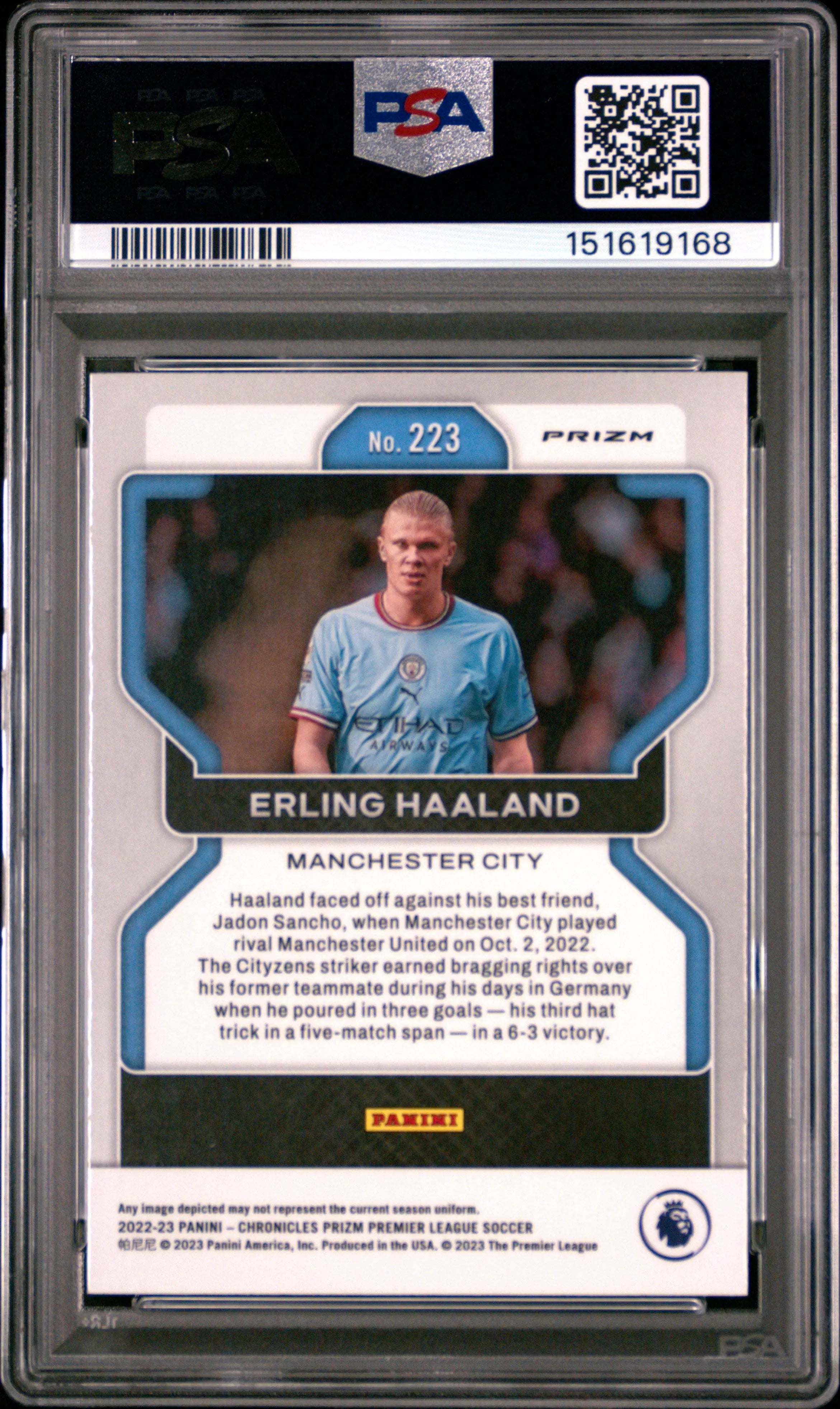 2022-23 Panini Chronicles Erling Haaland #223 Premier League Purple Mojo PSA 10 