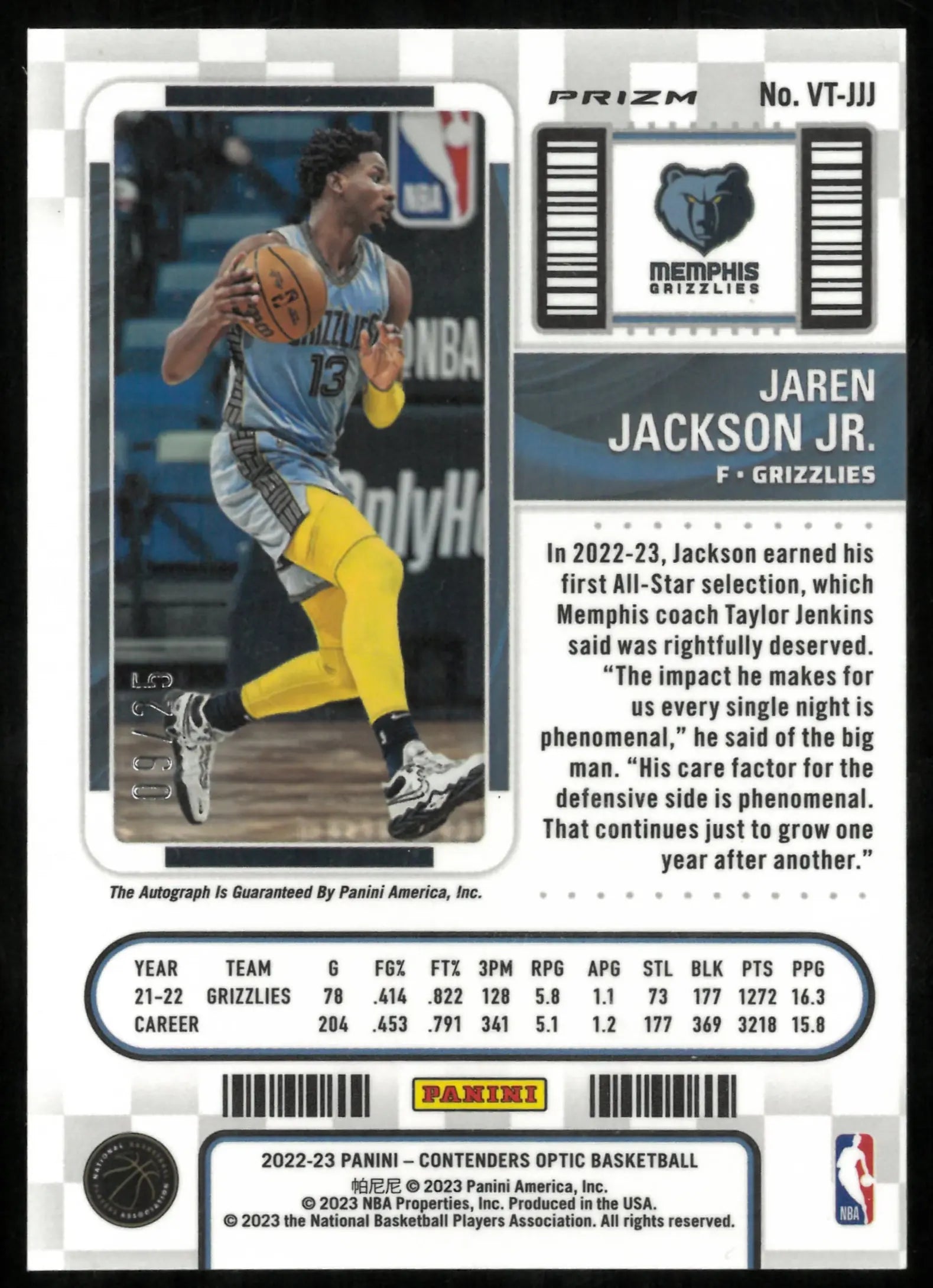 2022-23 Panini Contenders Optic Green Veteran Ticket Auto Jaren Jackson JR /25 