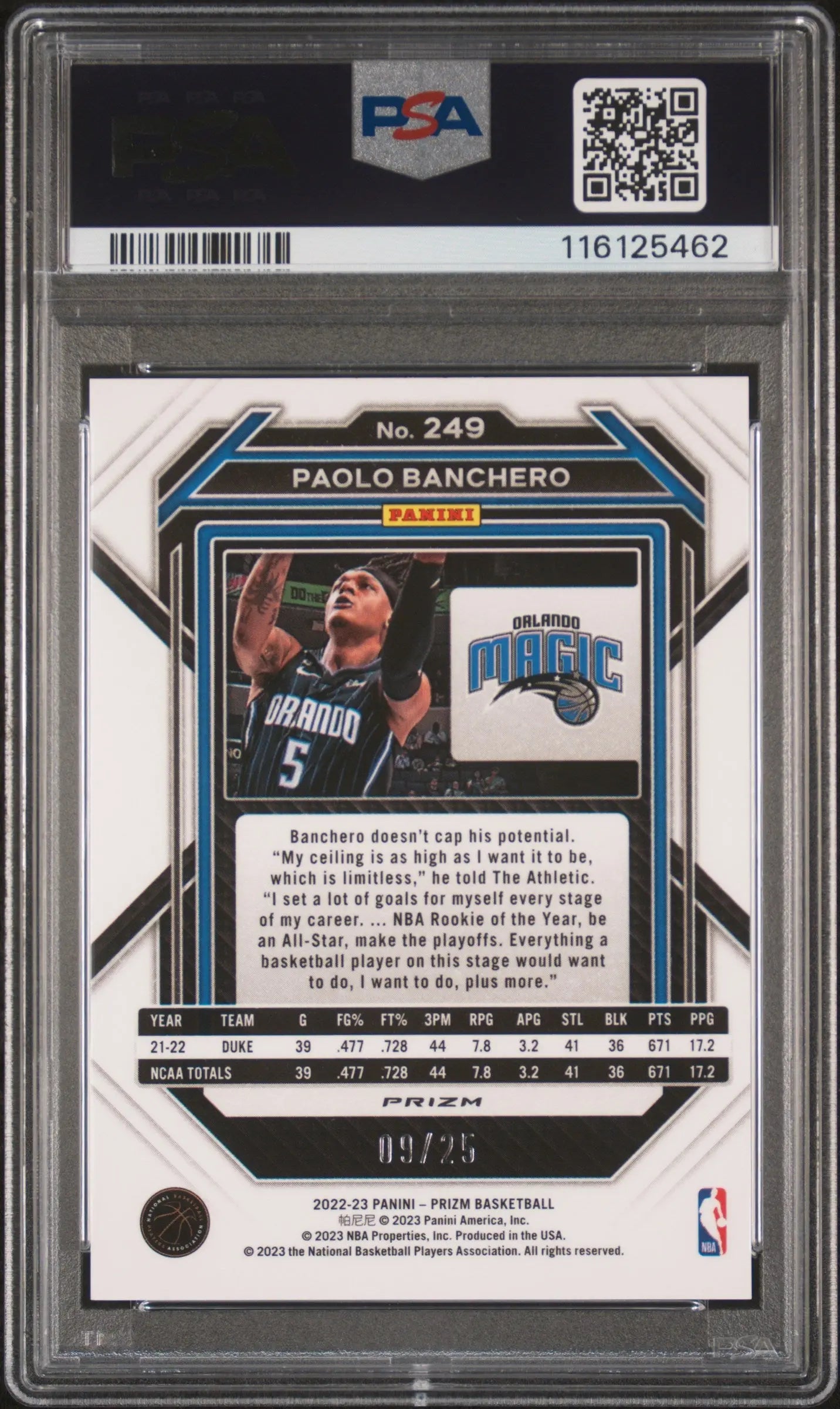 2022-23 Panini Prizm Green Pulsar Rookie Paolo Banchero #249 /25 PSA 8 