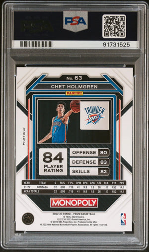 2022-23 Panini Prizm Monopoly Free Parking Rookie Chet Holmgren PSA 9 