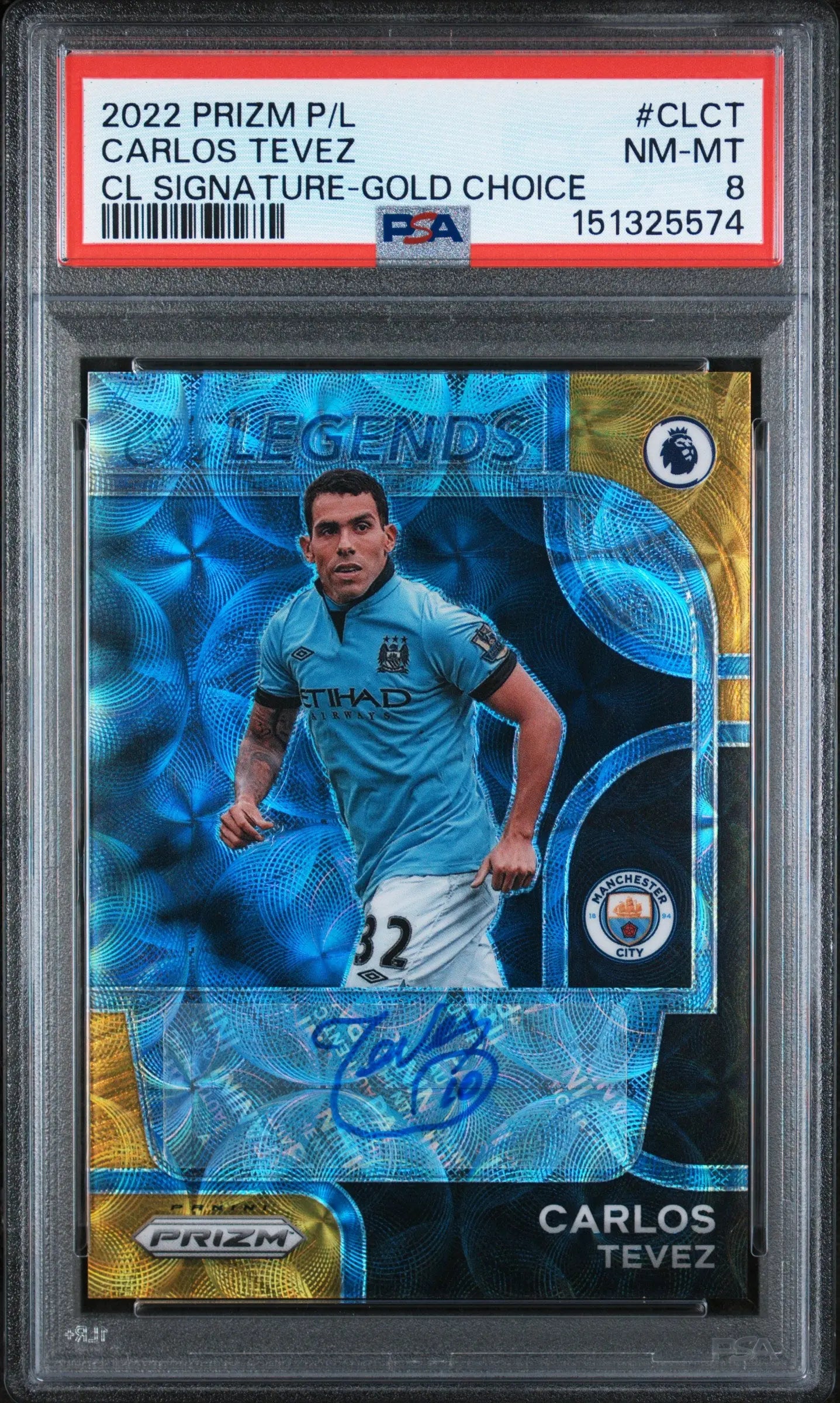 2022-23 Panini Prizm PL Gold Choice Club Legends Auto Carlos Tevez /2 PSA 8 
