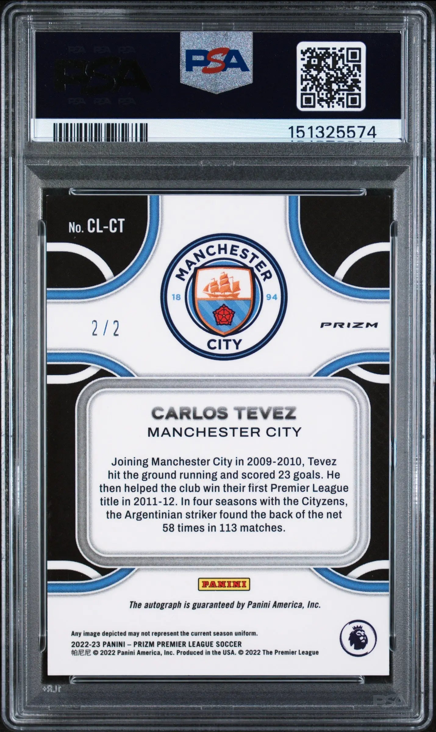 2022-23 Panini Prizm PL Gold Choice Club Legends Auto Carlos Tevez /2 PSA 8 
