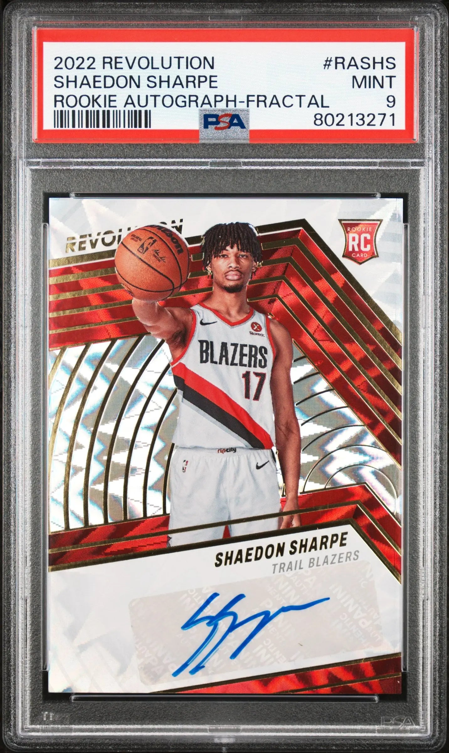 2022-23 Panini Rookie Autograph Shaedon Sharpe Auto RC Fractal /100 PSA 9 