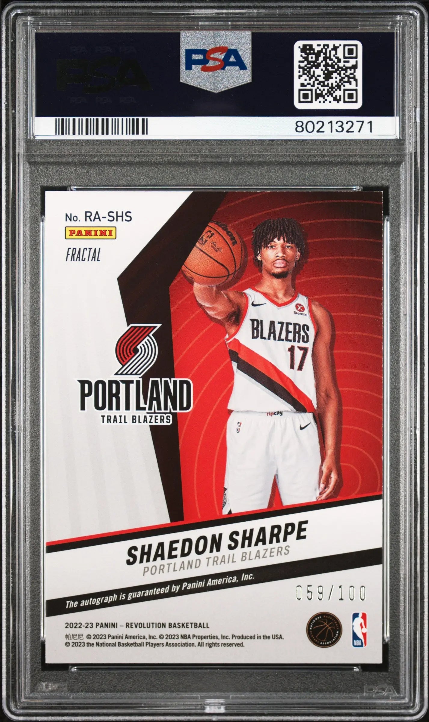2022-23 Panini Rookie Autograph Shaedon Sharpe Auto RC Fractal /100 PSA 9 