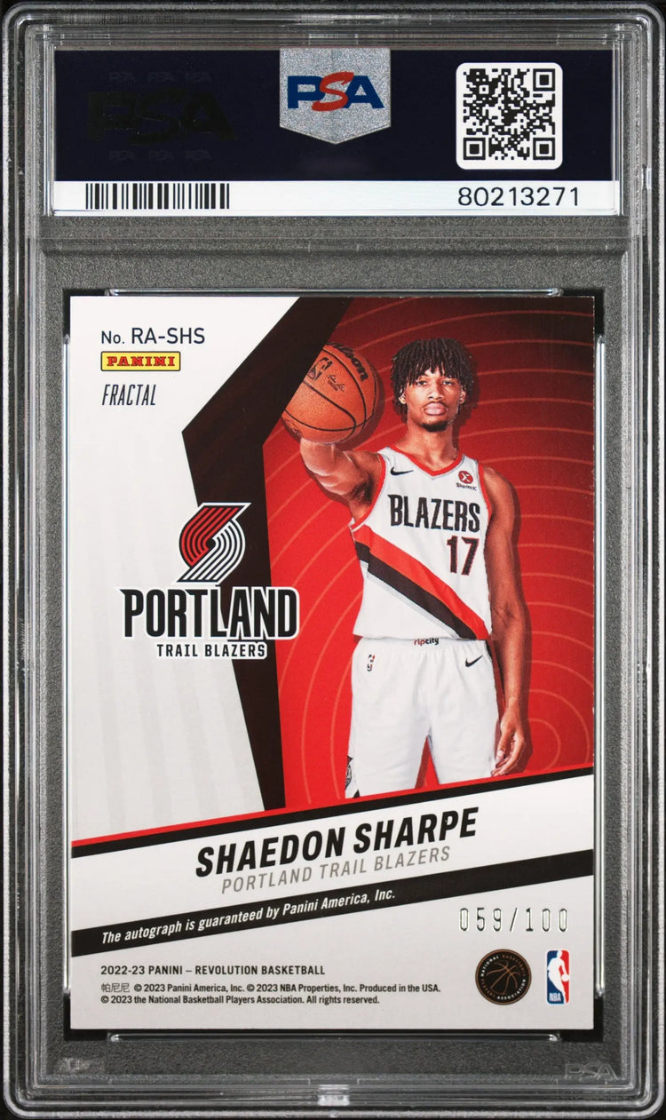 2022-23 Panini Rookie Autograph Shaedon Sharpe Auto RC Fractal /100 PSA 9 
