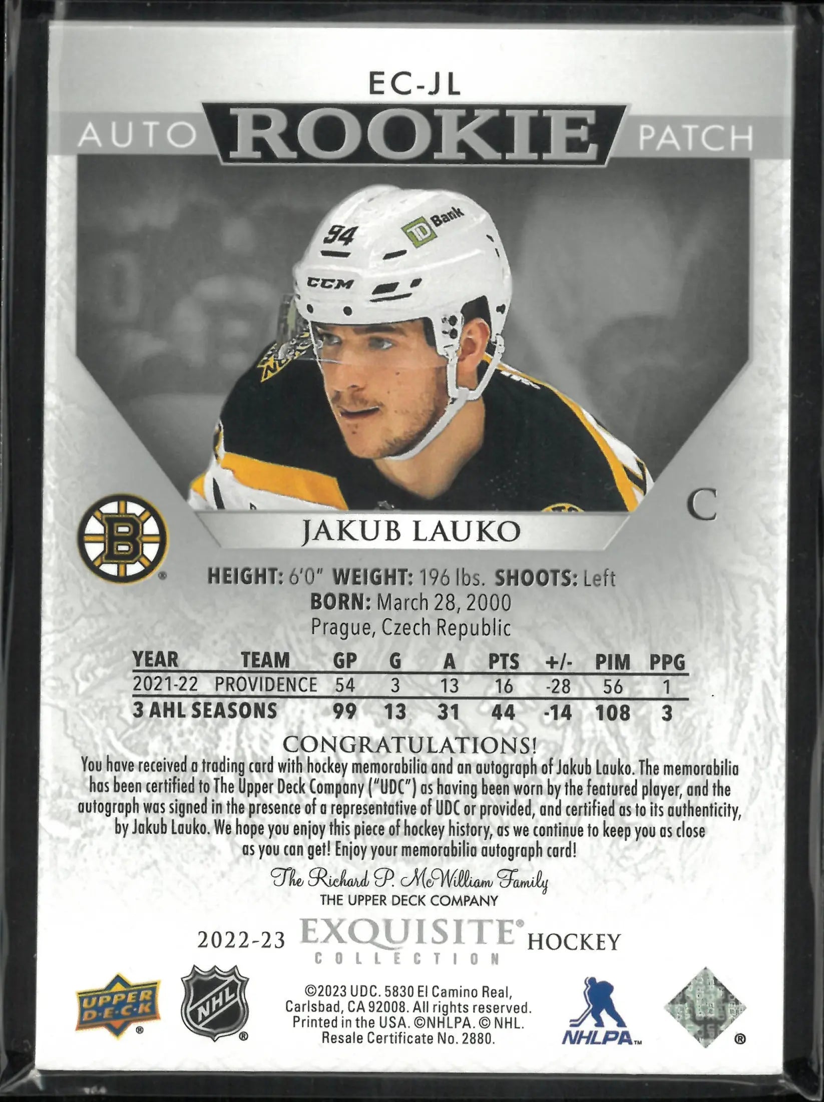 2022-23 The Cup Hockey Exquisite Collection Auto Rookie Patch Jakub Lauko /94 