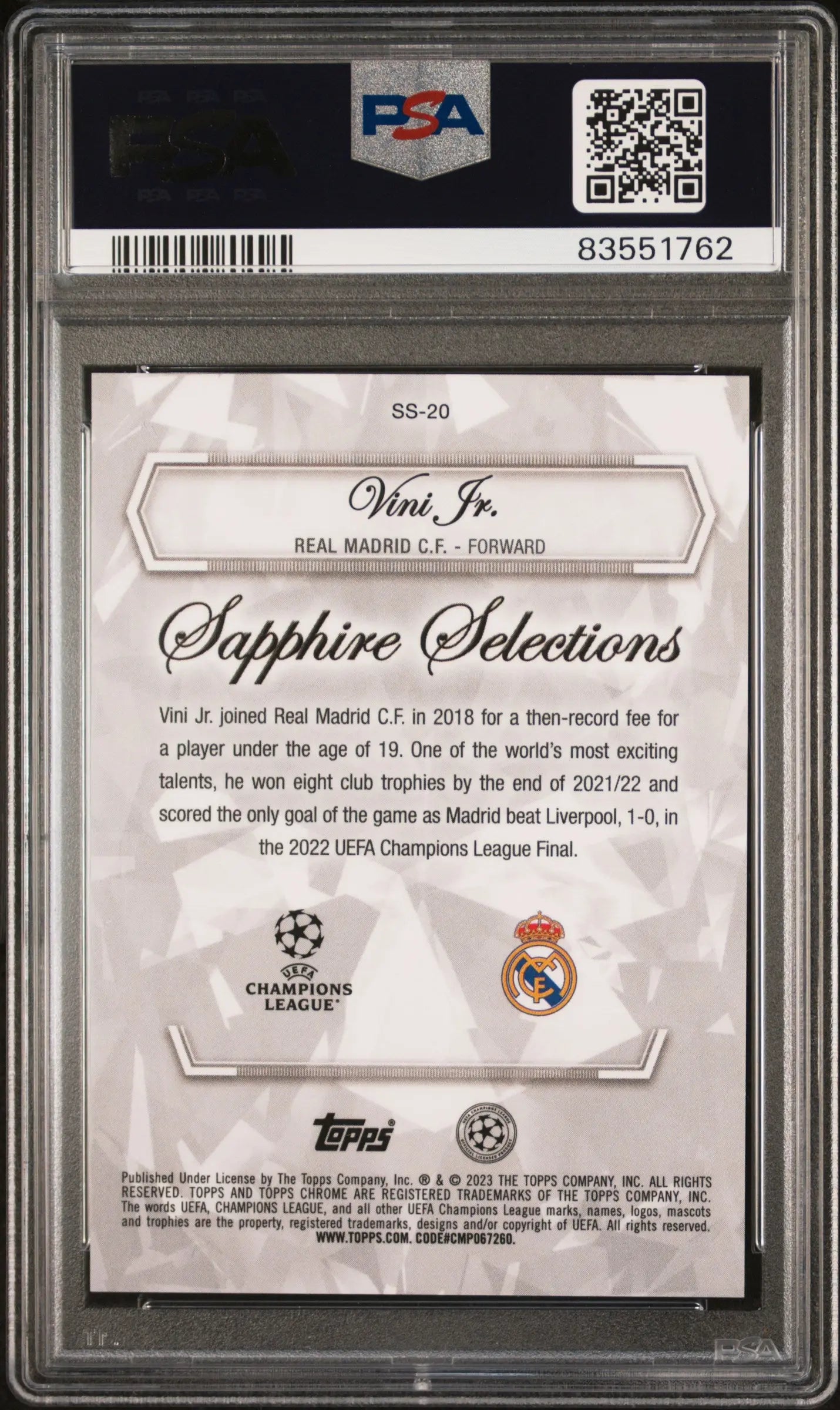 2022-23 Topps Chrome Sapphire UCC Sapphire Selections Vini JR. Orange /25 PSA 10 