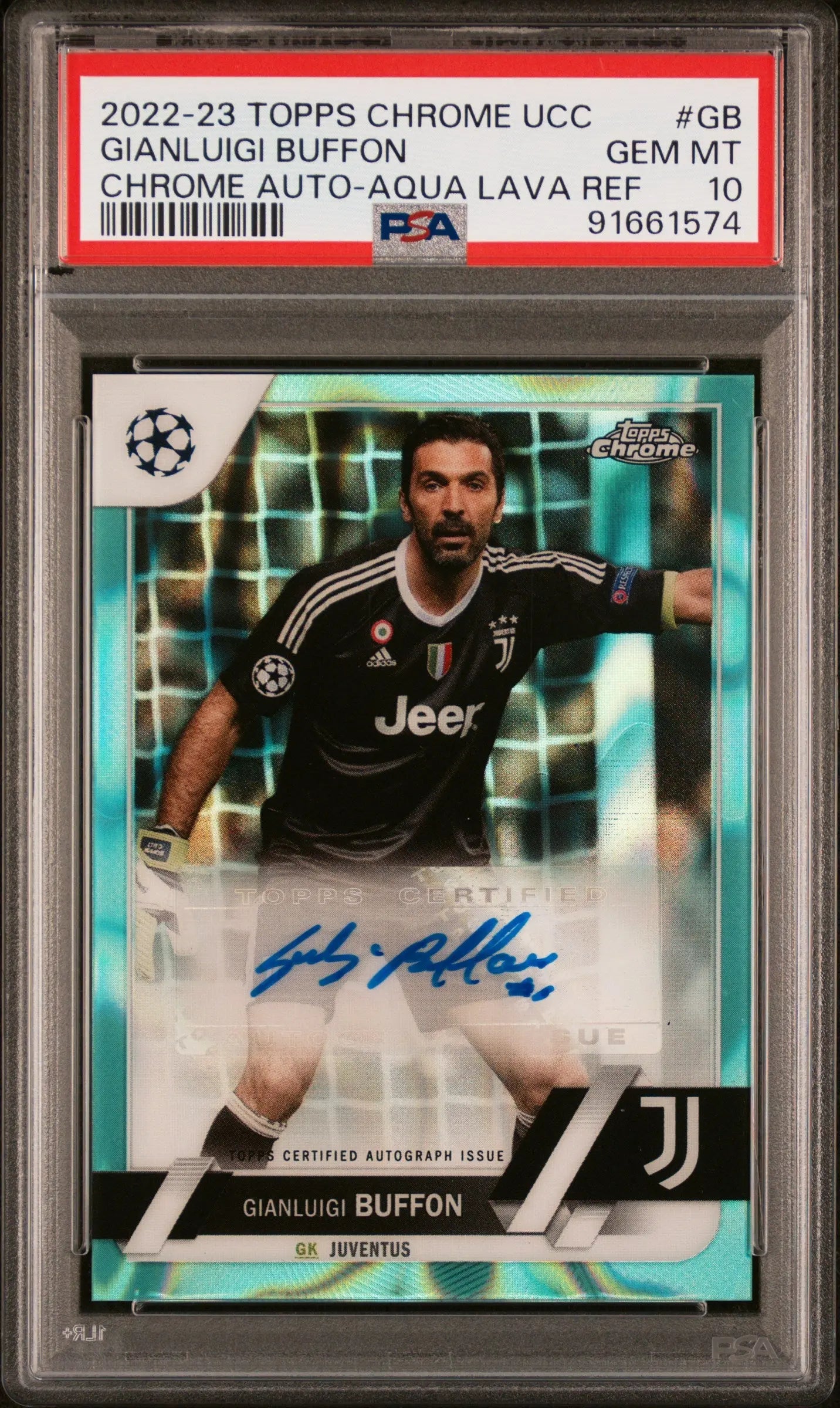 2022-23 Topps Chrome UCC Auto Autograph Gianluigi Buffon Aqua Lava PSA 10 