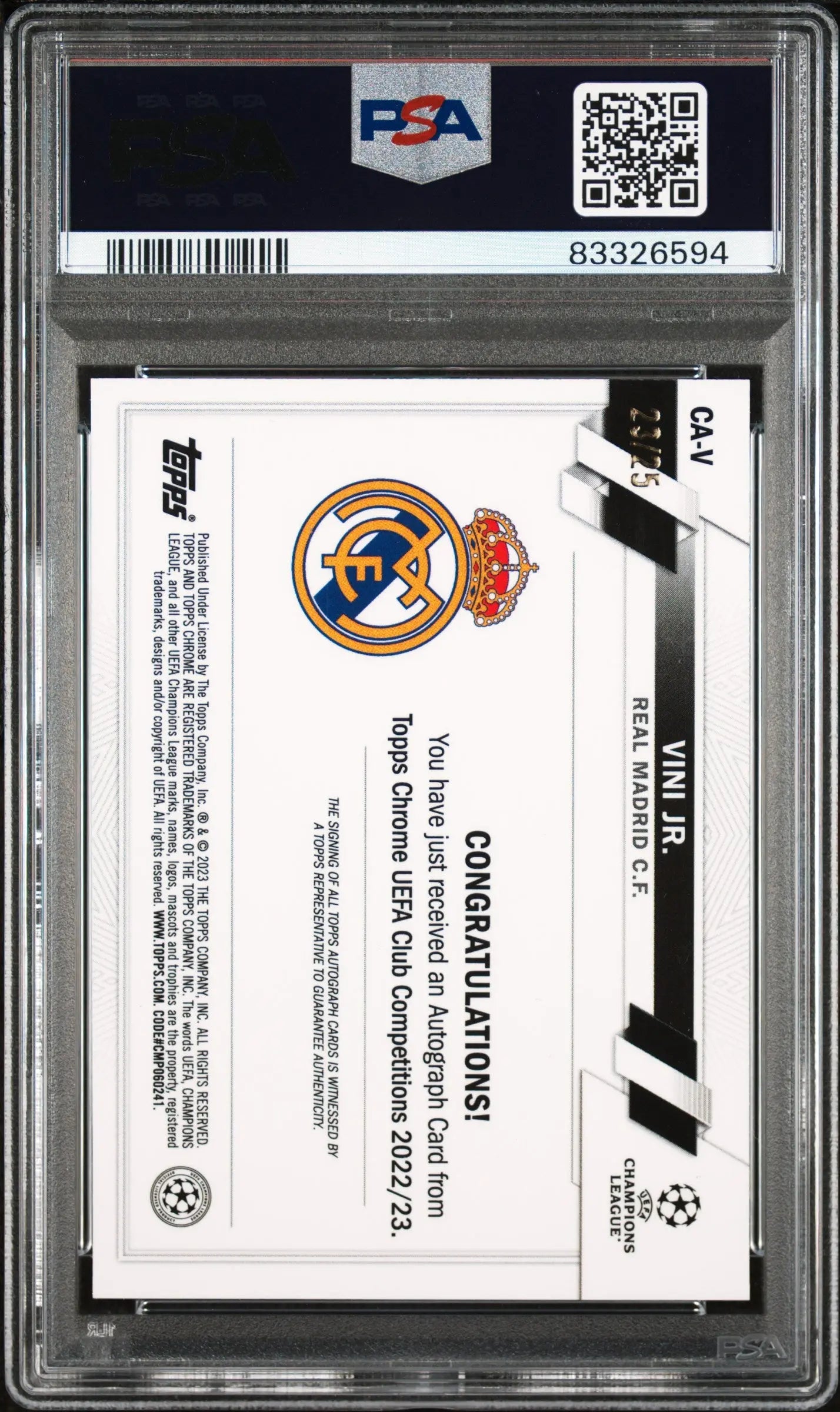2022-23 Topps Chrome UCC Chrome Autographs Vini Jr. Auto Orange /25 PSA 9 