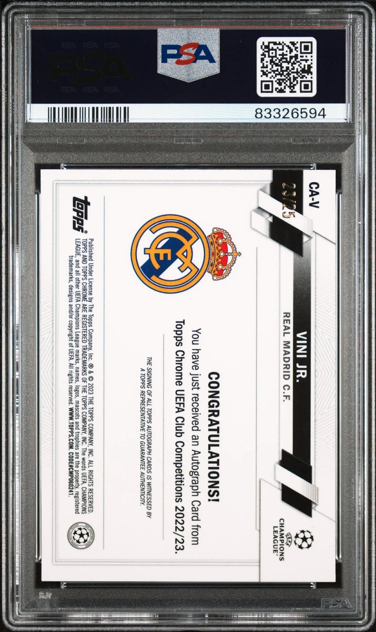 2022-23 Topps Chrome UCC Chrome Autographs Vini Jr. Auto Orange /25 PSA 9 